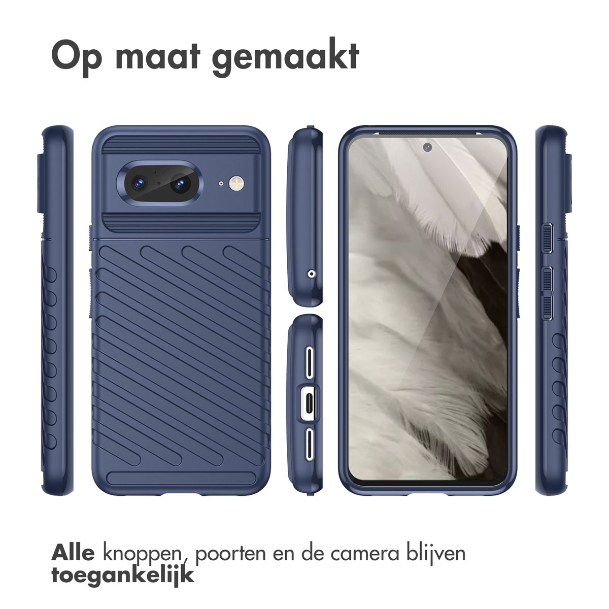 Telefoon in een blauwe hoes. De hoes heeft meerdere aanzichten. Tekst: 'Op maat gemaakt'.