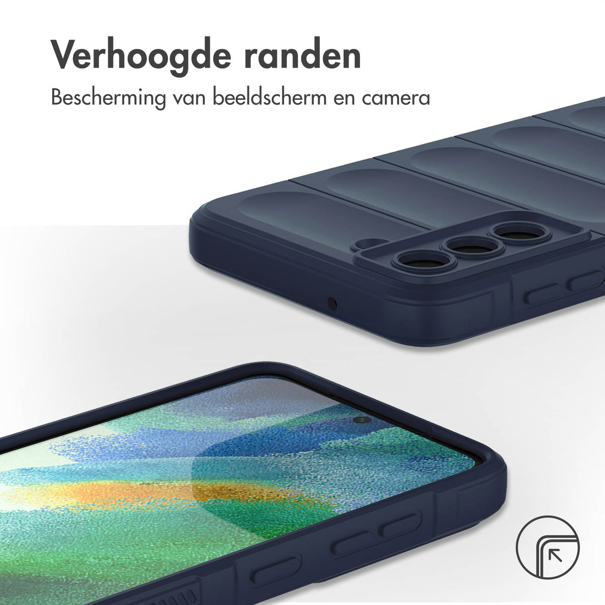 Donkerblauwe telefoonhoes met verhoogde randen, beschermt scherm en camera, met Nederlandse tekst.