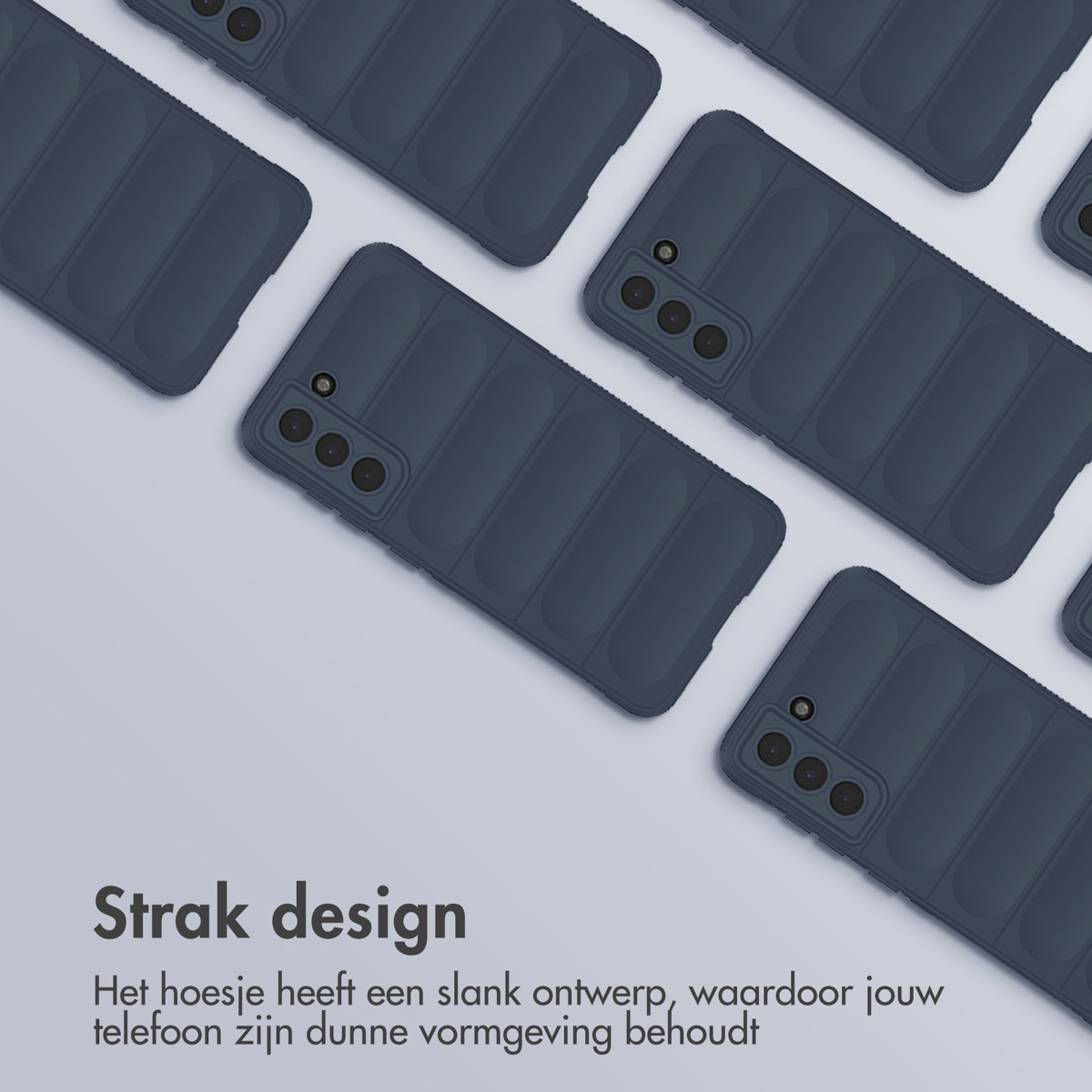 Meerdere donkerblauwe telefoonhoesjes op een lichte achtergrond. Elke hoes heeft een camera-uitsparing en een textuurontwerp. Tekst onderaan.