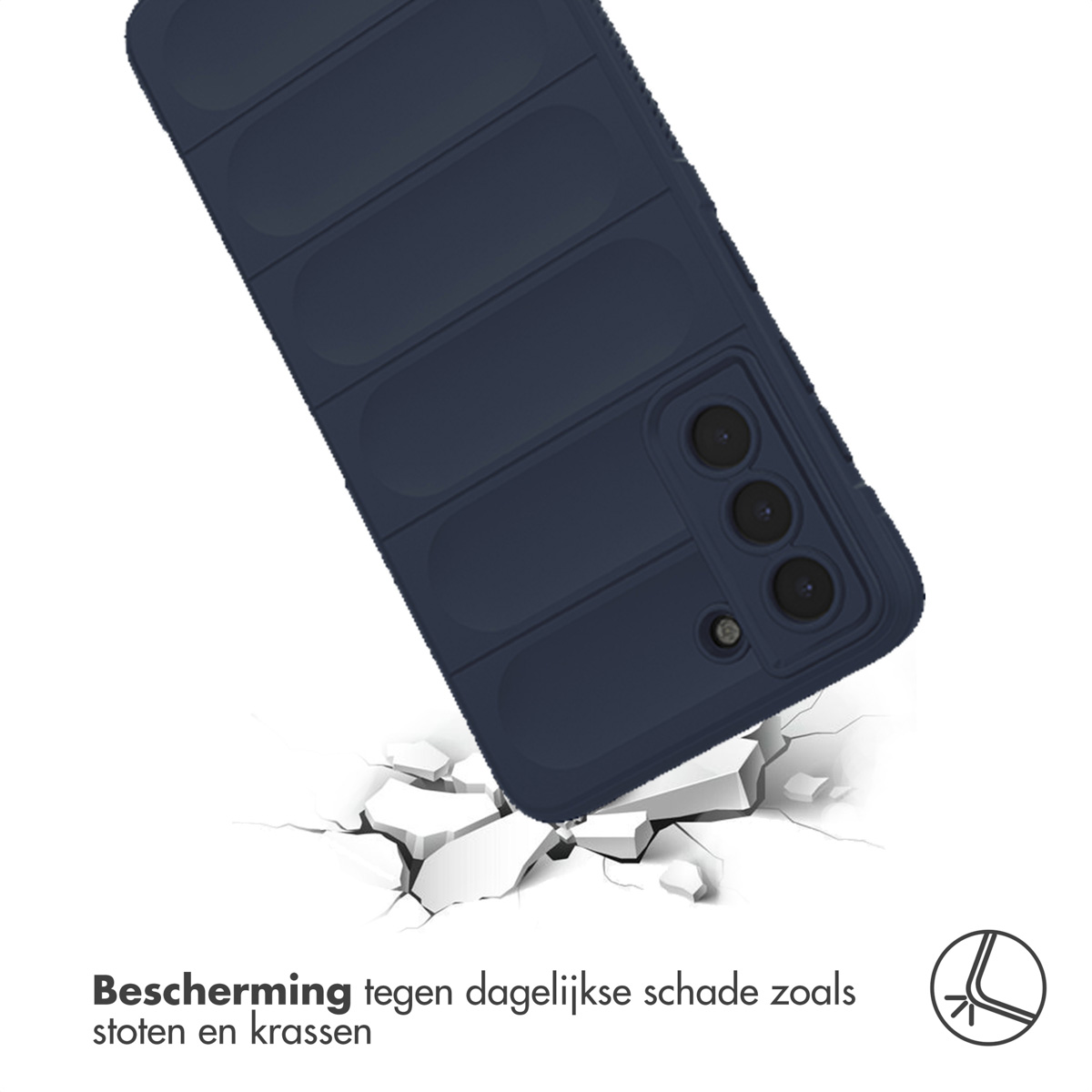 Een marineblauwe telefoonhoes op de grond, met de telefoon onder een hoek. De telefoon valt.