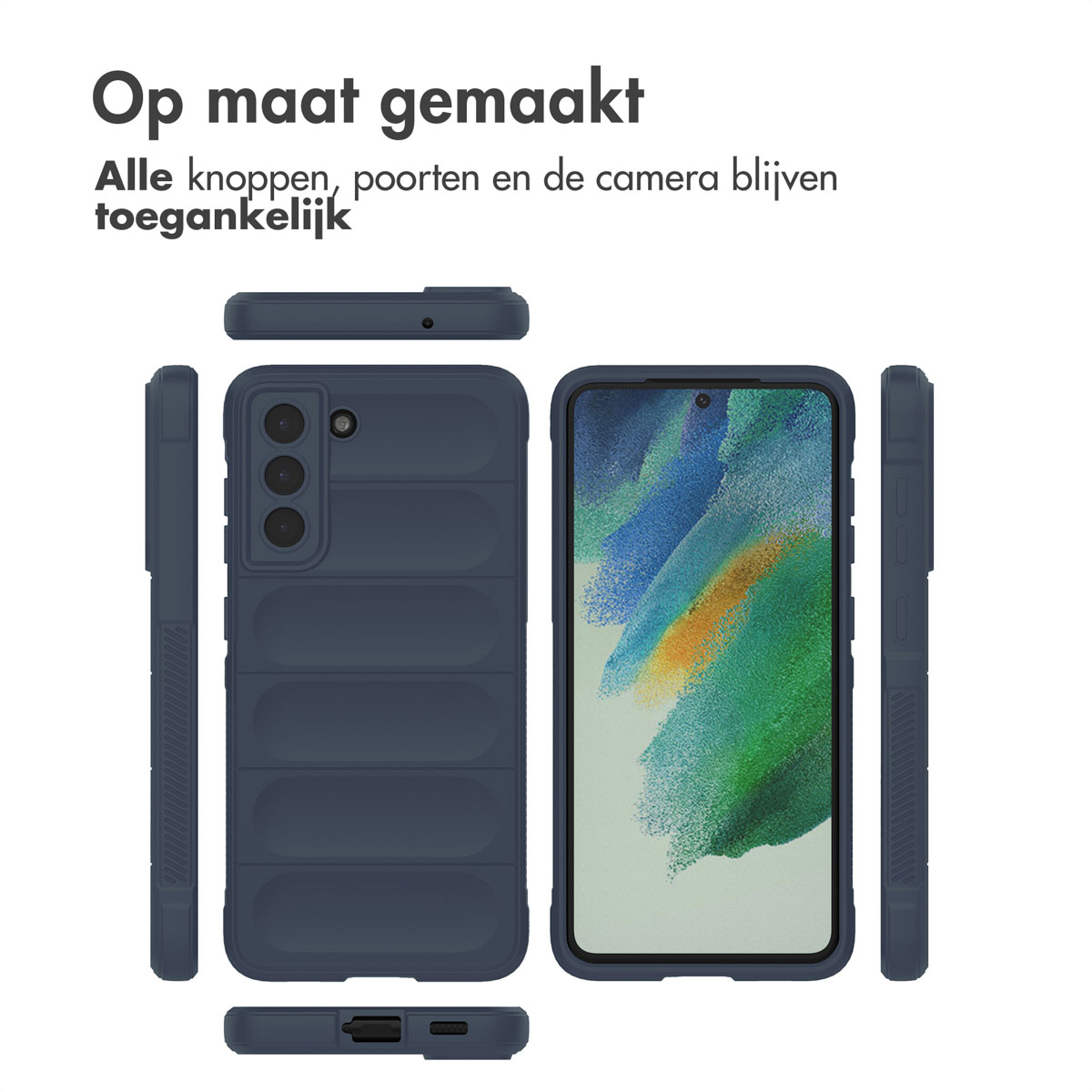 Een marineblauwe telefoonhoes toont een telefoon. De hoes wordt vanuit meerdere hoeken getoond. Boven staat de tekst 'Op maat gemaakt'.