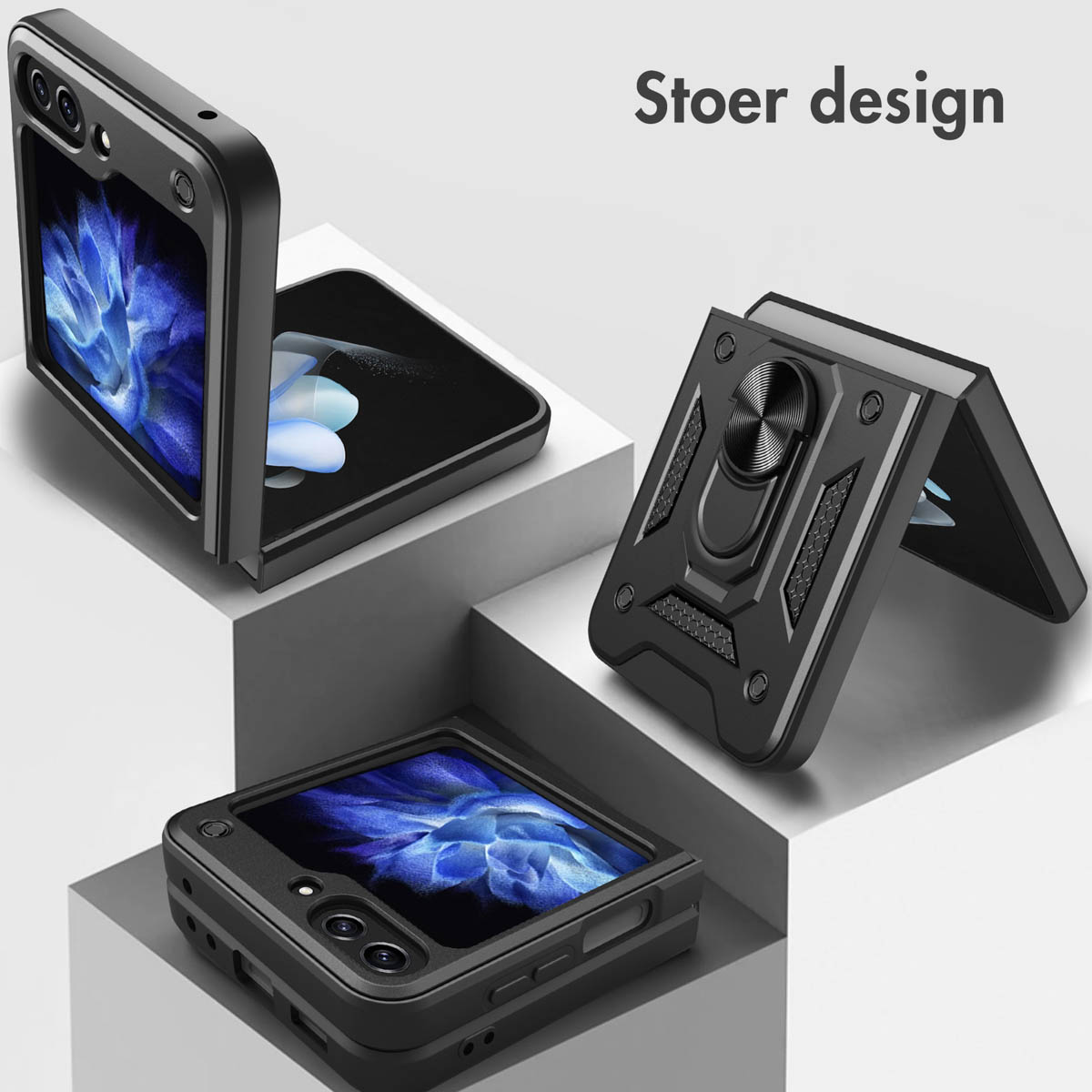 Custodia nera con un telefono pieghevole all'interno, in diverse posizioni.