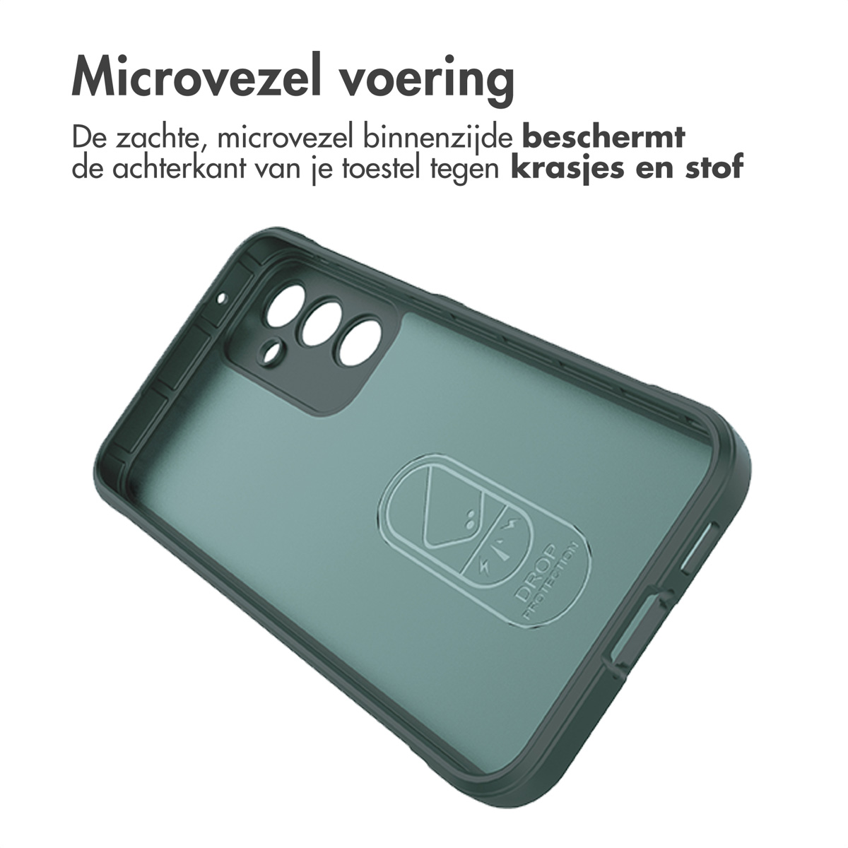 Interno della custodia verde. Rivestimento in microfibra con logo di protezione dalle cadute visibile.