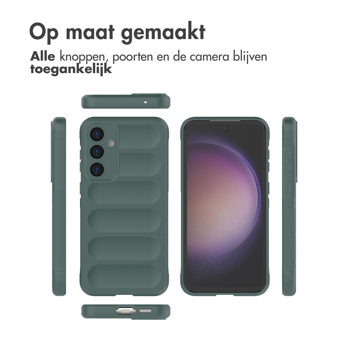 Set di custodie per telefono, verde. Include viste frontali, posteriori e laterali, con schermo del telefono visibile. Testo: 'Op maat gemaakt', 'Alle knoppen...'.