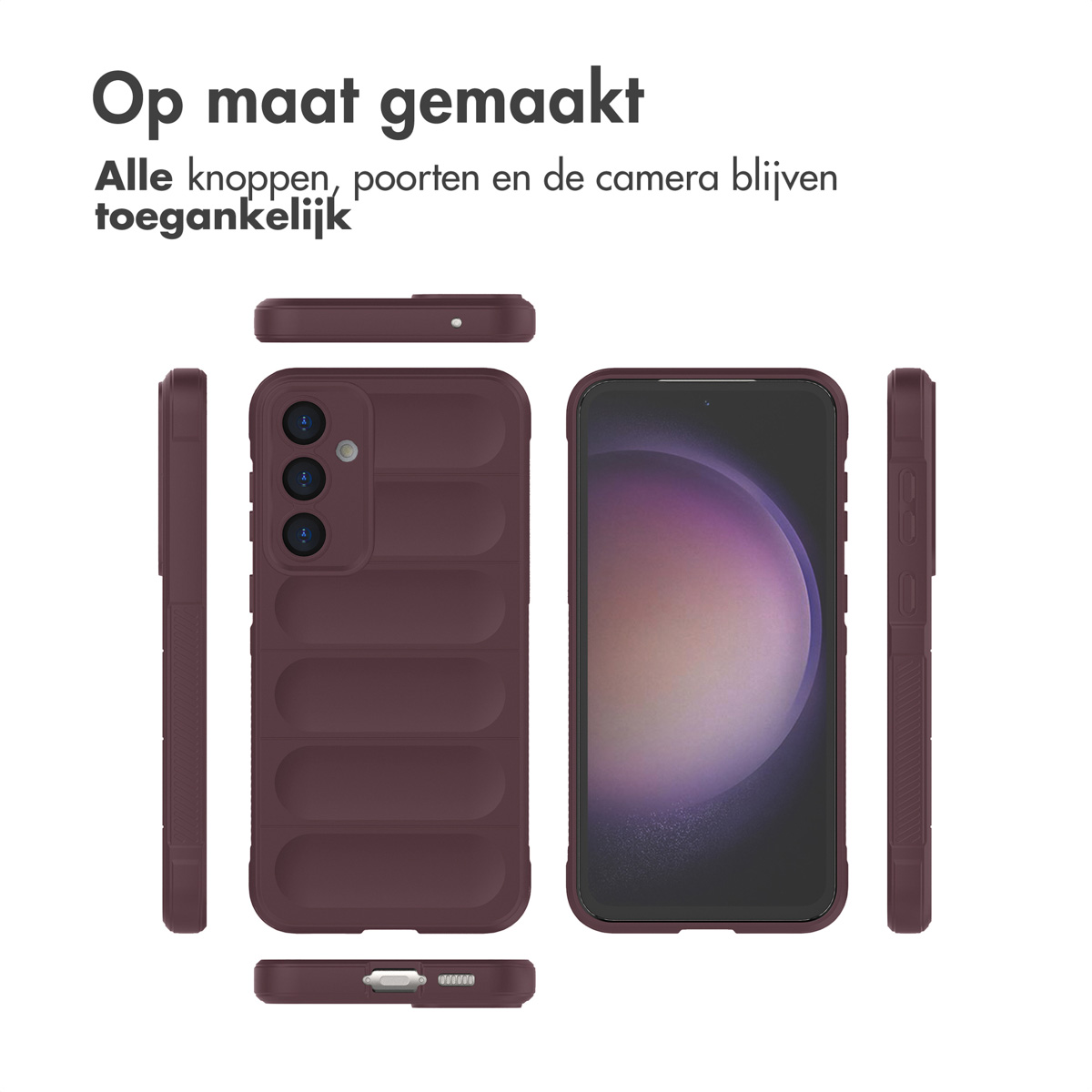 Una custodia per smartphone bordeaux, con il telefono all'interno. Sono mostrate più viste, con il testo in alto: 'Op maat gemaakt'.