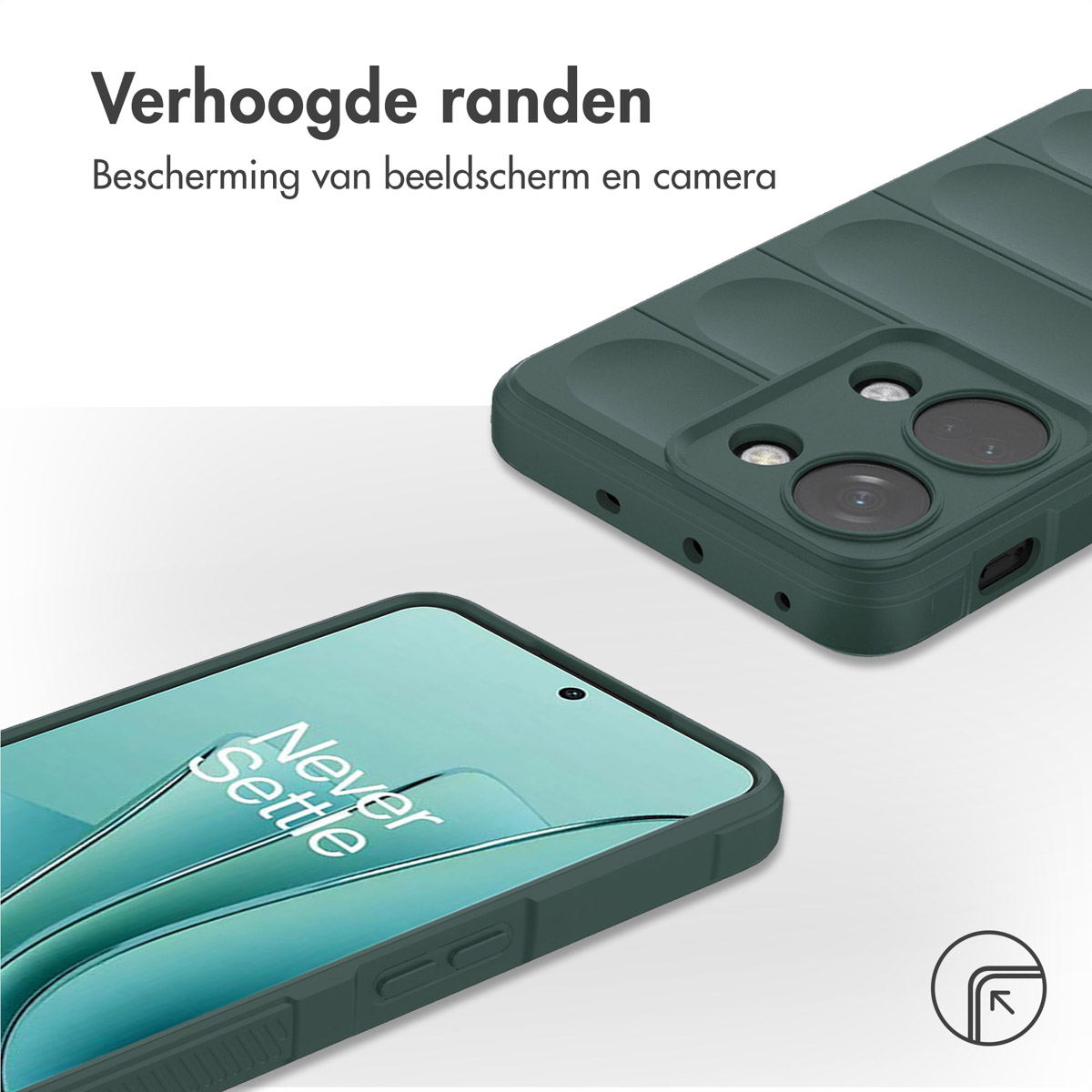 Primo piano di una custodia per telefono e di un telefono. La custodia è verde, con dettagli dello schermo e della fotocamera visibili.
