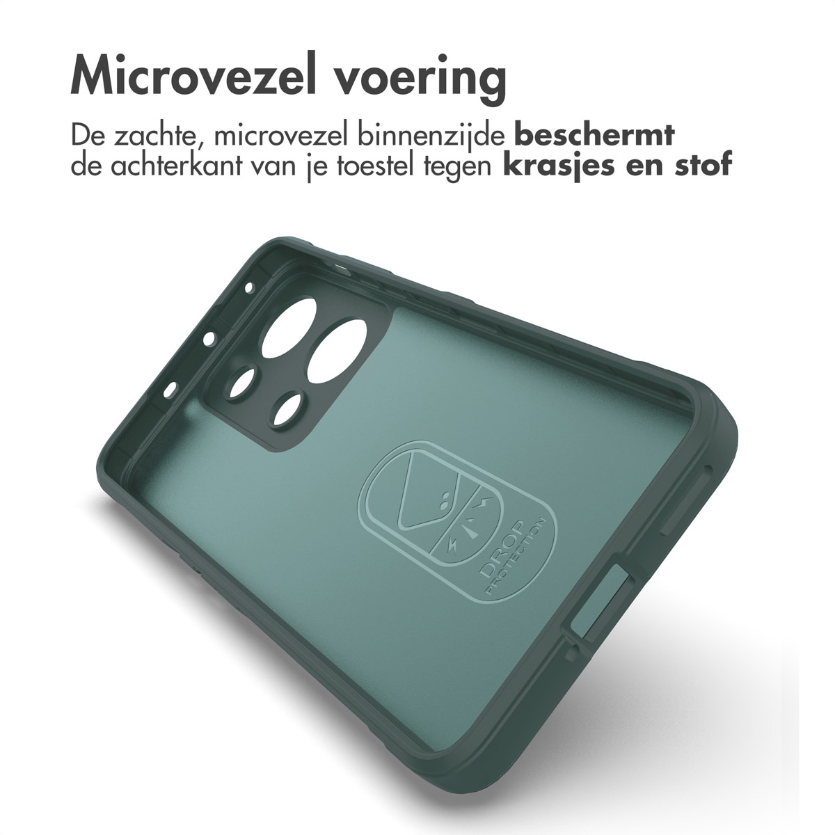 Interno della custodia del telefono verde. La custodia ha un logo di protezione dalle cadute. Testo: 'Fodera in microfibra' e 'protezione dai graffi'.