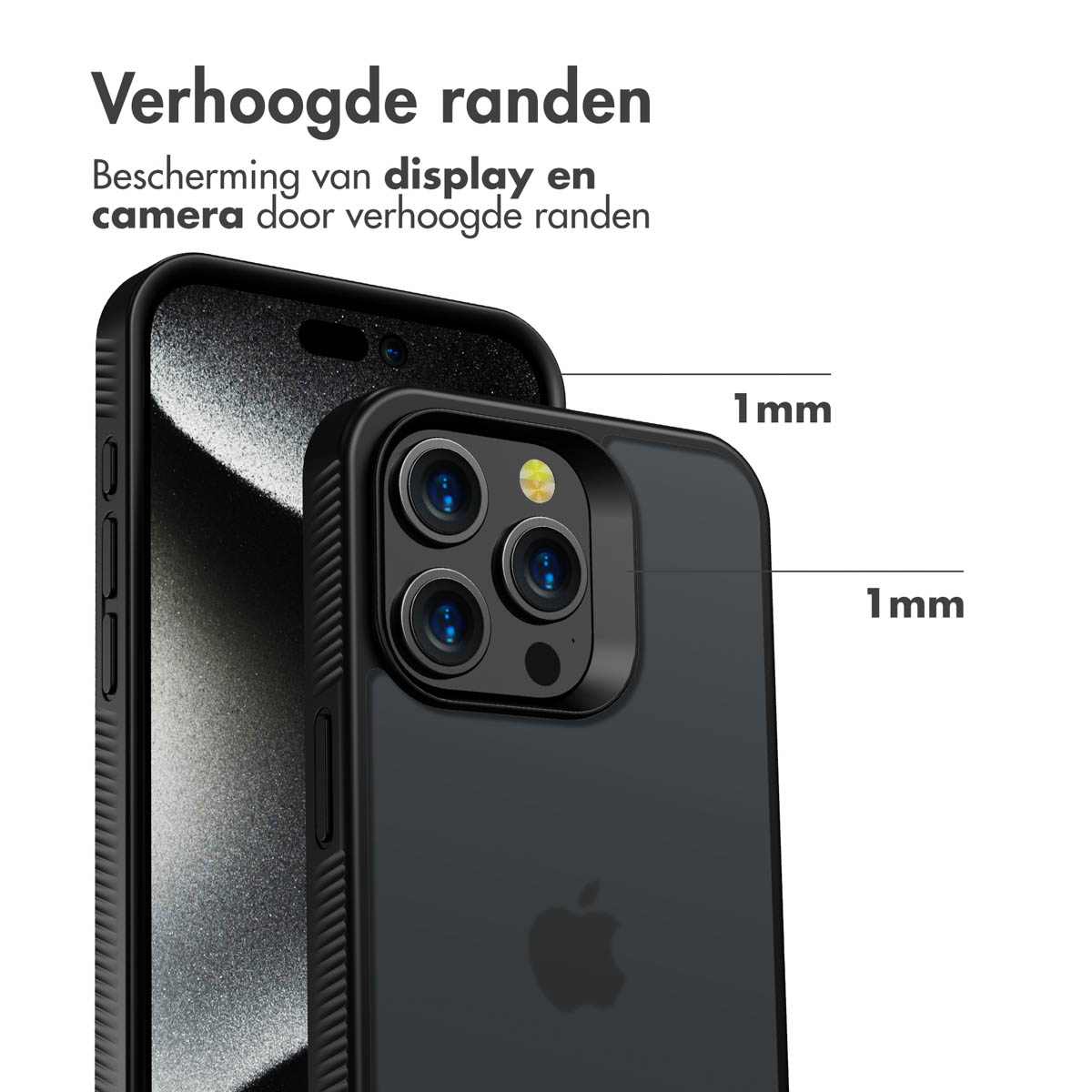 Telefono in una custodia. La custodia evidenzia l'urto della fotocamera con 1 mm. Testo: 'Verhoogde randen'.