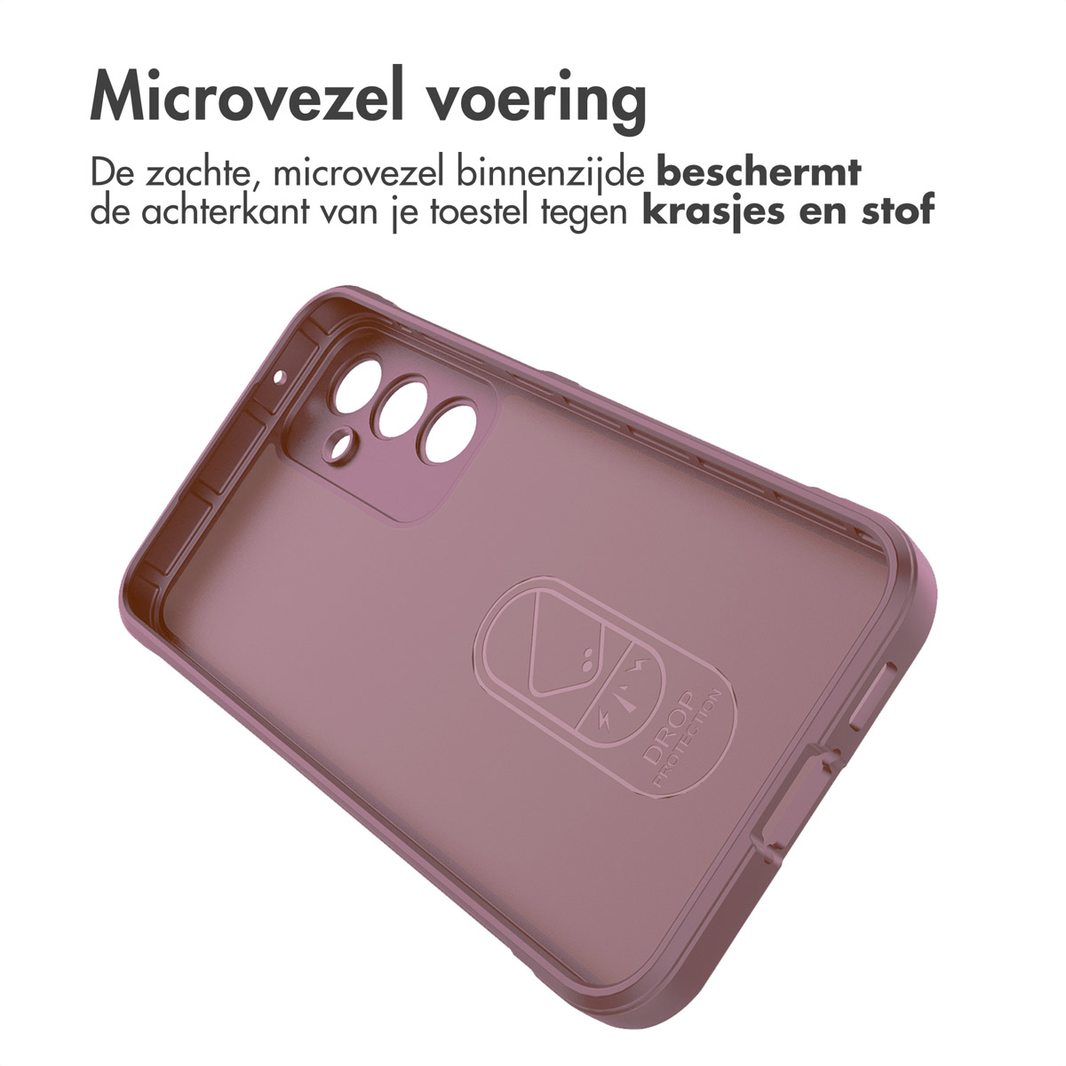 Interno di una custodia per telefono, color prugna, con rivestimento in microfibra. La custodia ha un logo di protezione dalle cadute.