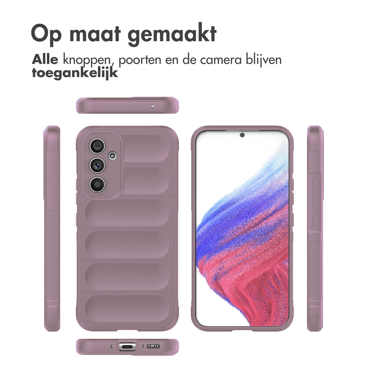 Viene mostrata una custodia per telefono e un telefono. La custodia ha delle creste rialzate, pulsanti, porte e accesso alla fotocamera.