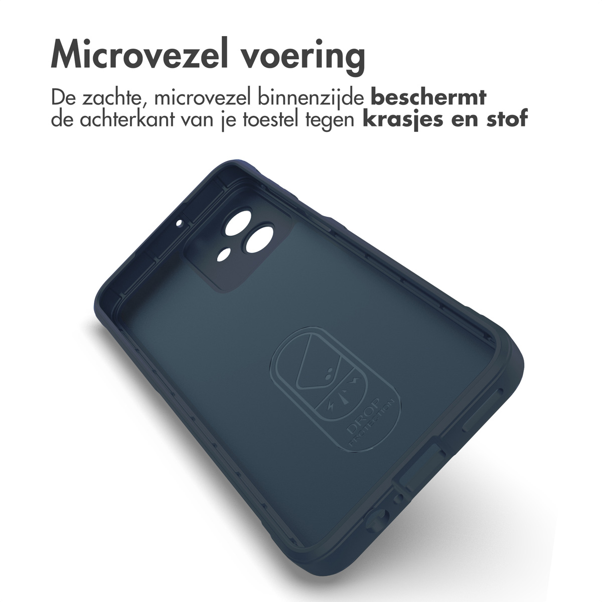 Binnenzicht van een blauwe telefoonhoes. De hoes heeft cameragaten en een logo is zichtbaar.