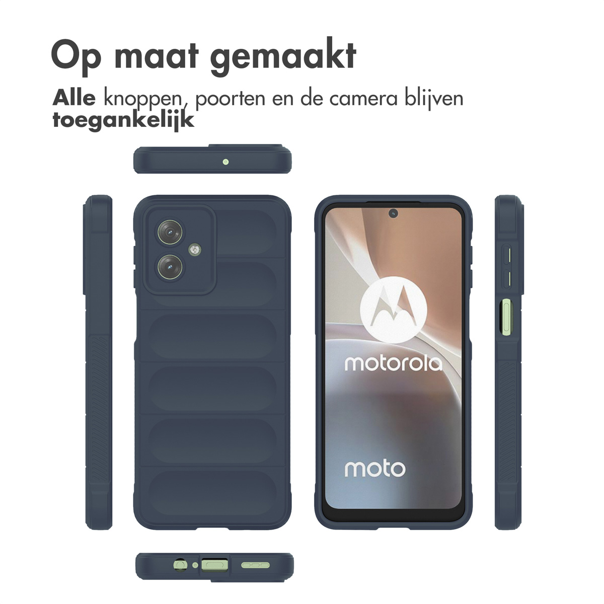 Donkerblauwe telefoonhoes met een telefoon erin. De telefoonhoes heeft een gestructureerd ontwerp. De telefoon toont een Motorola-logo.