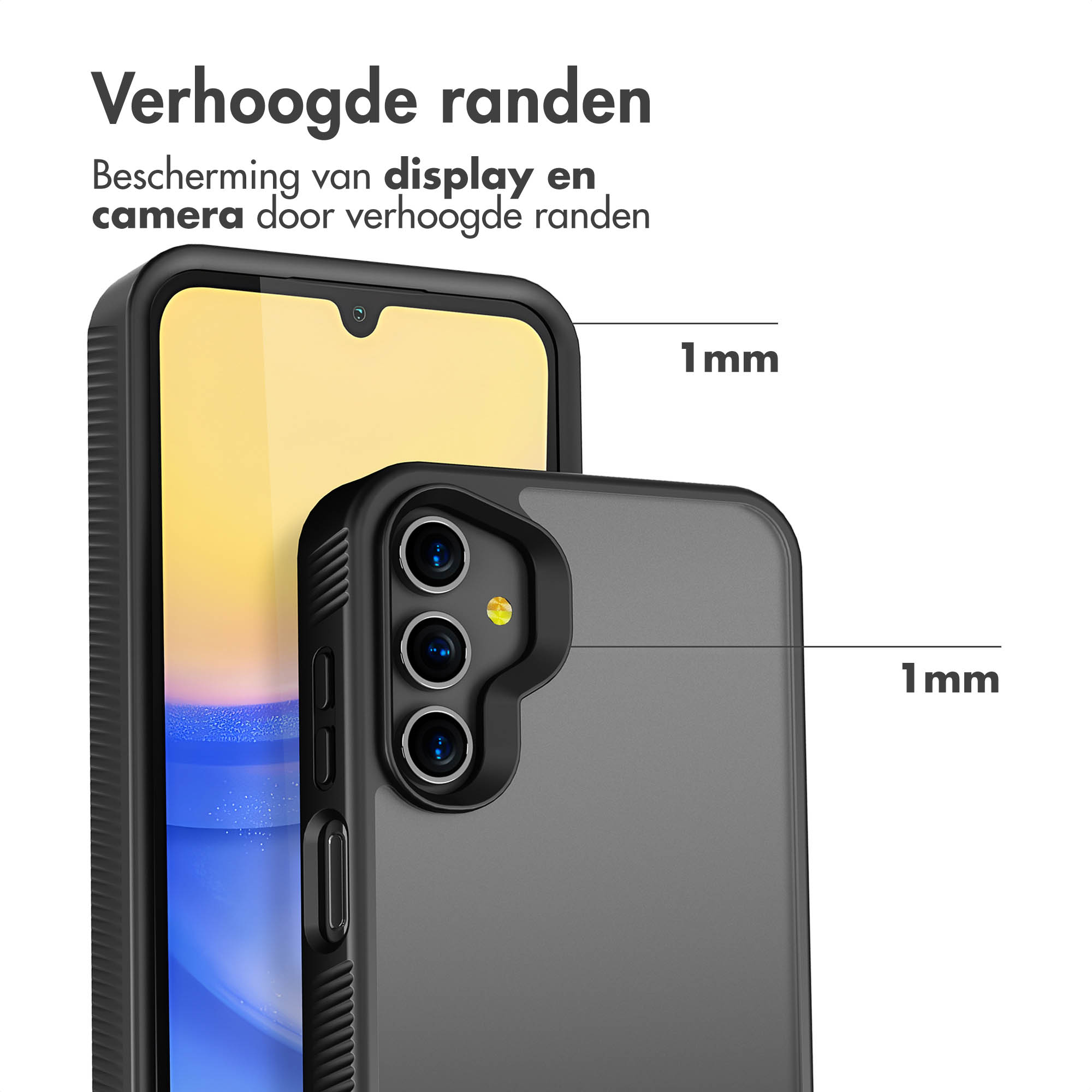 Close-up van een telefoon met een hoesje. De hoes is zwart en toont details van het scherm en de randen.