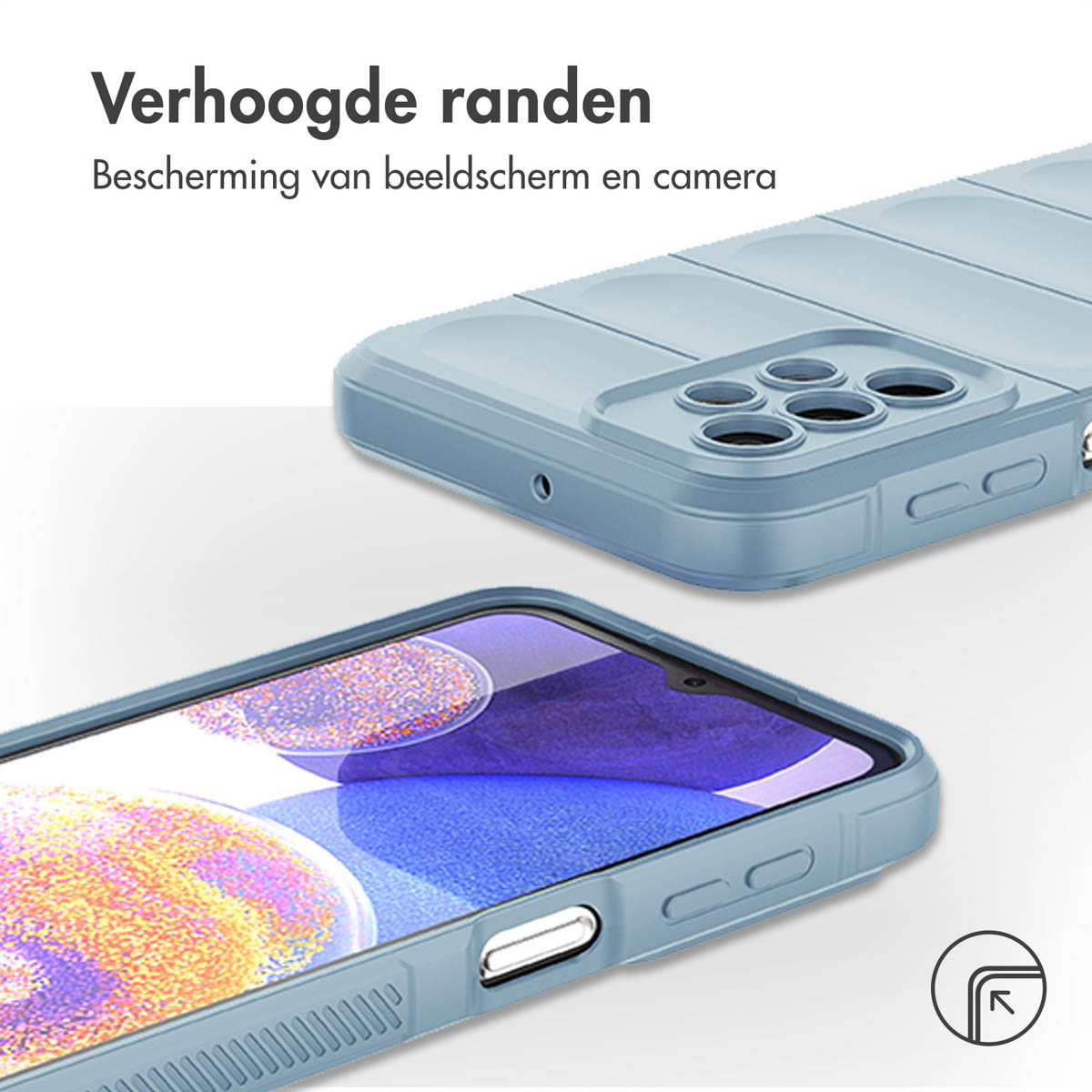 Close-up of a blue phone case. The case has raised edges for screen and camera protection.