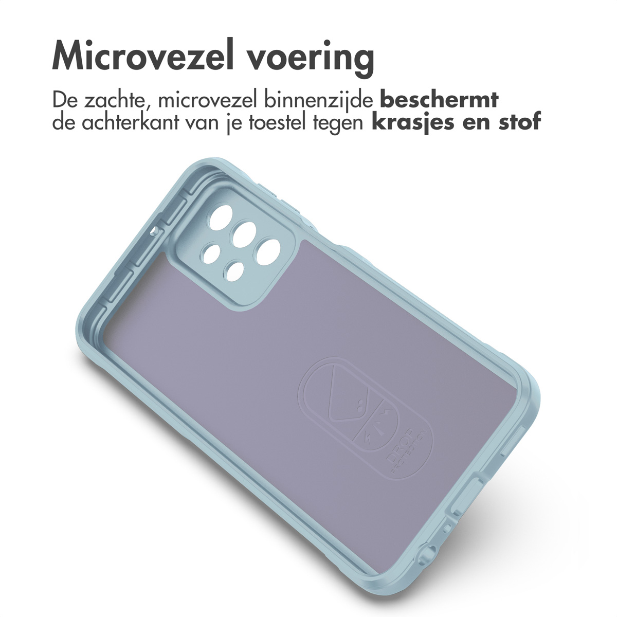 Phone case interior view. The case is light blue, showing the soft lining and the phone's back.