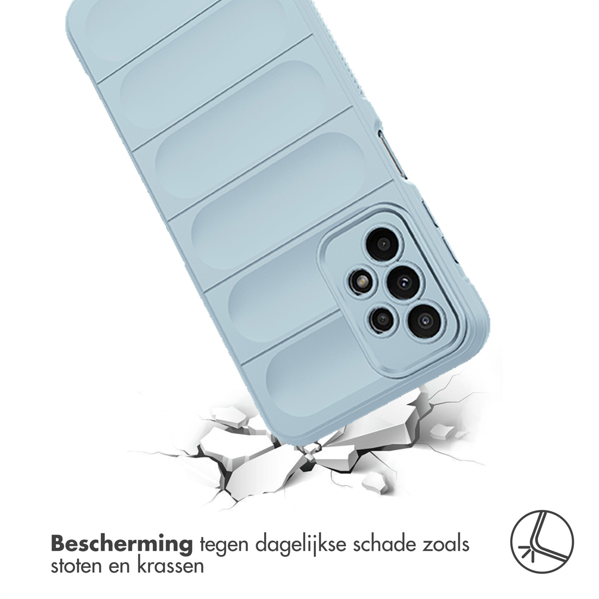 A light blue phone case with a ribbed design, lying on broken white pieces, with a white surface.
