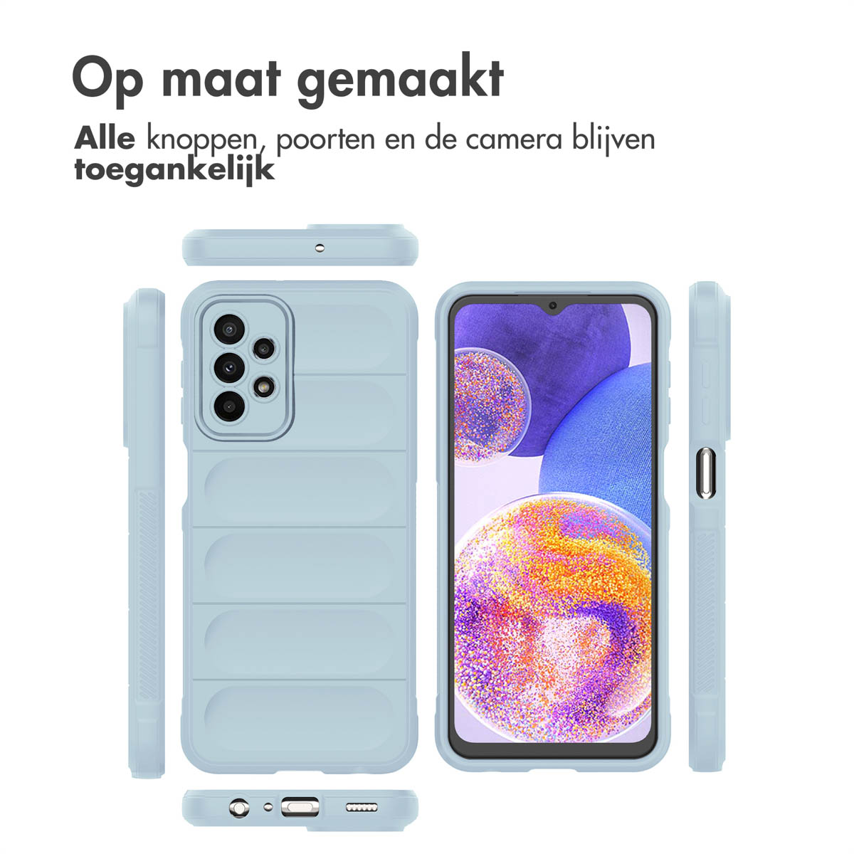 Light blue phone case with a phone in it. The phone case has a textured design. The phone shows a phone screen.