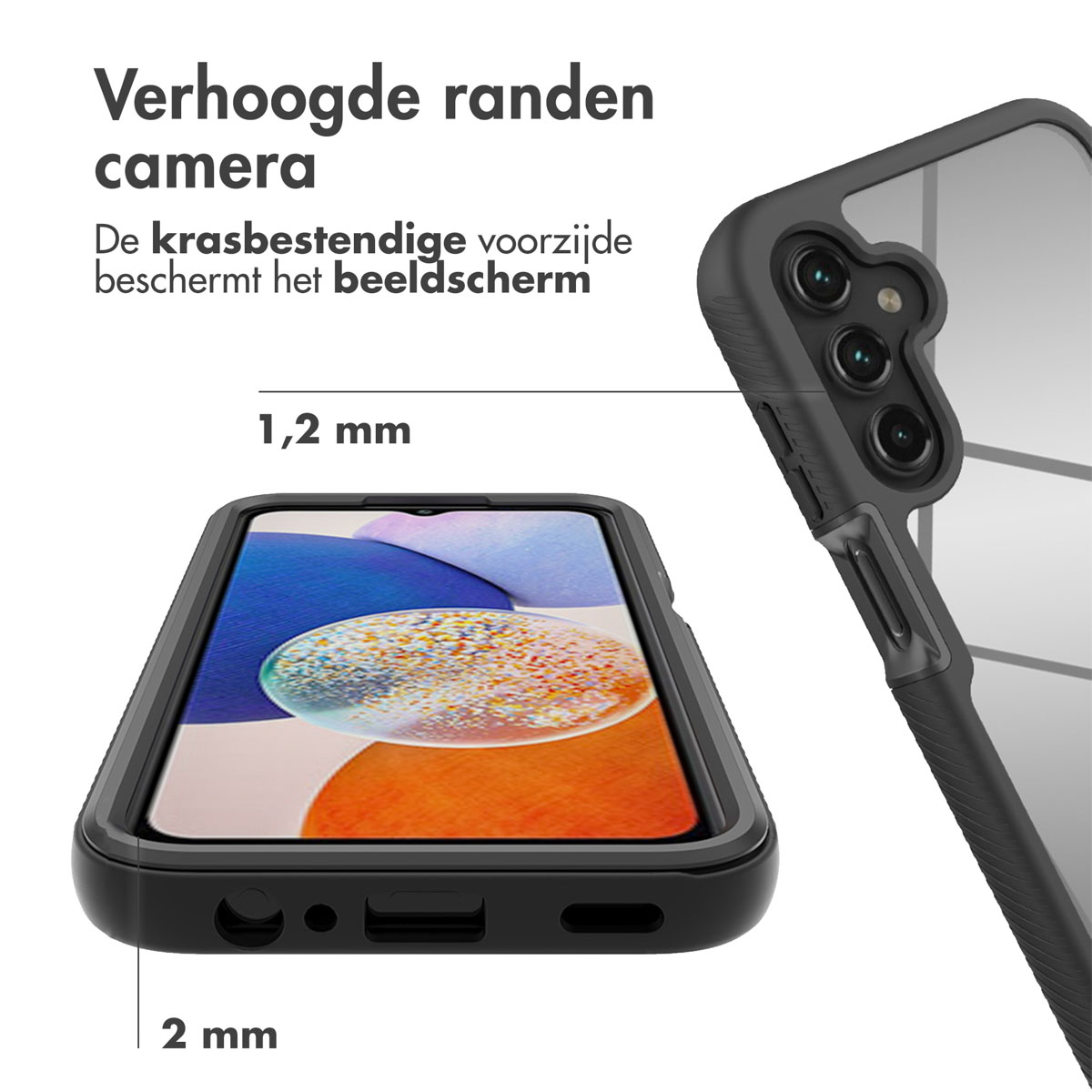 Schwarzes Telefon im Gehäuse, Bildschirm zeigend. Text: Erhöhte Kameraränder.