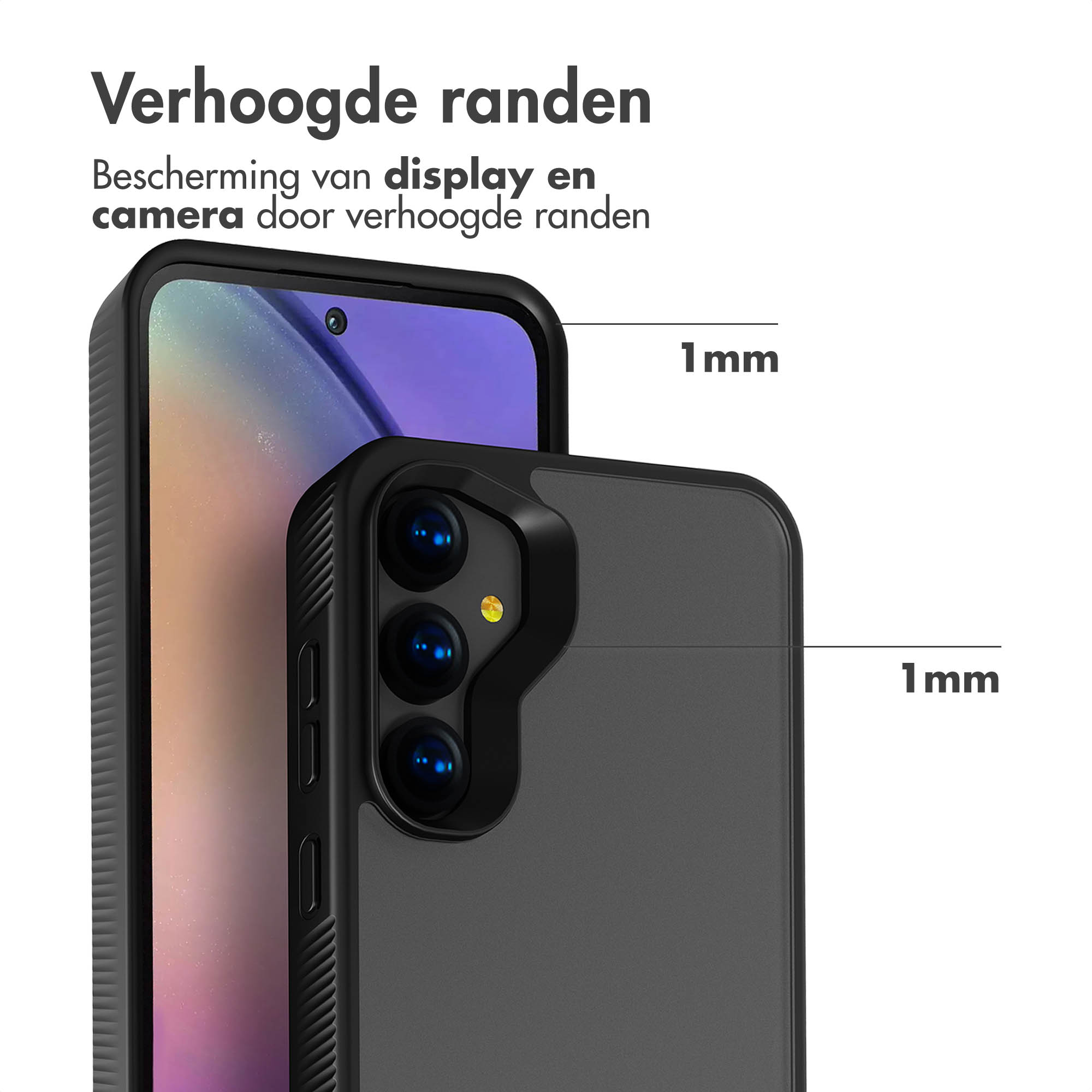 Custodia nera per telefono che protegge un telefono con bordi rialzati. Il testo indica la protezione dello schermo e della fotocamera.