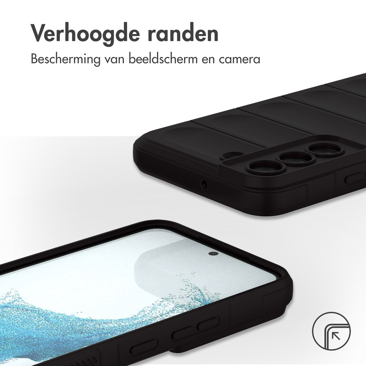 Zwarte telefoonhoes met een telefoon erin. De hoes heeft verhoogde randen. Tekst: 'Verhoogde randen' en 'bescherming'.