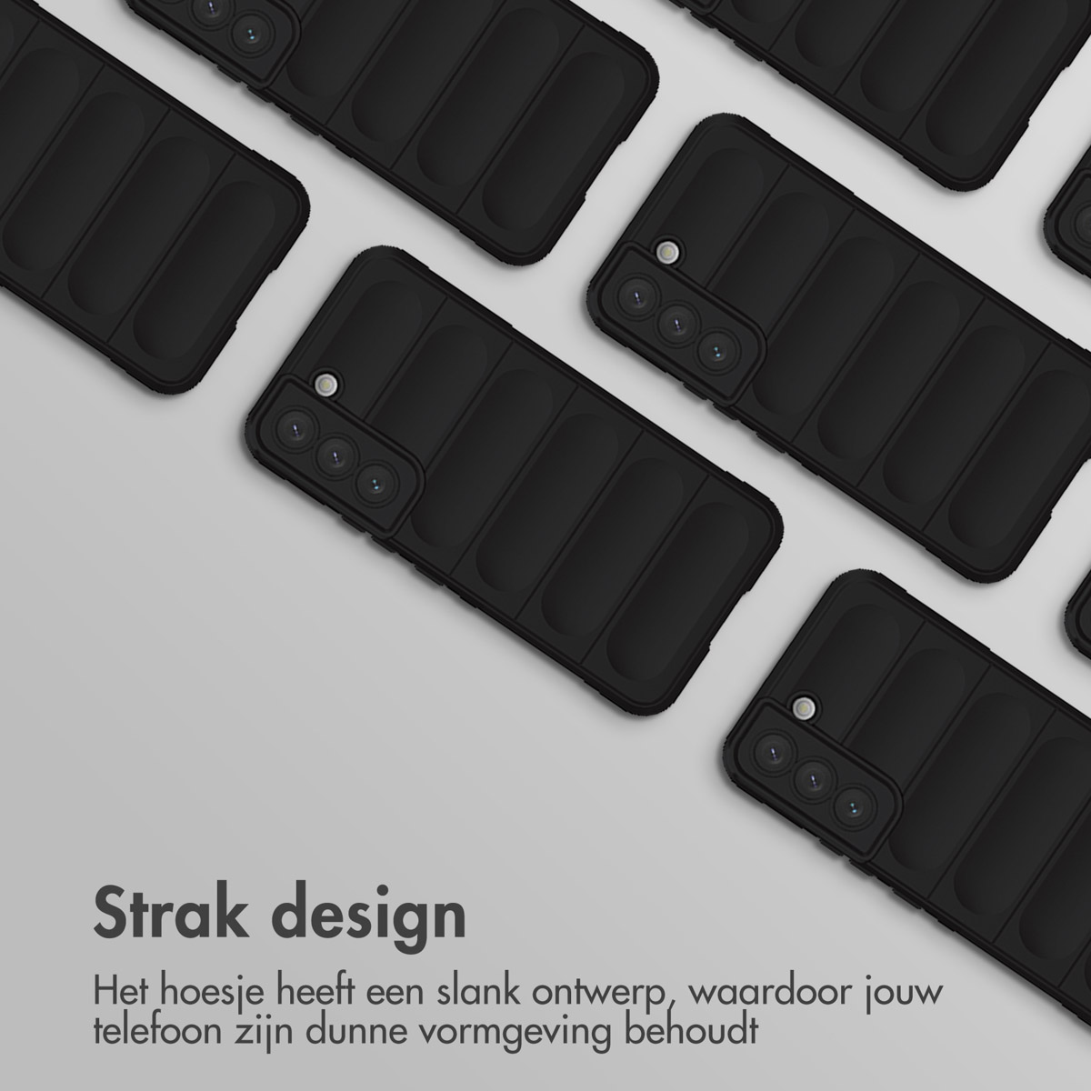 Meerdere telefoonhoesjes in een rasterpatroon. De hoesjes zijn zwart, met een eenvoudig, gestructureerd ontwerp.