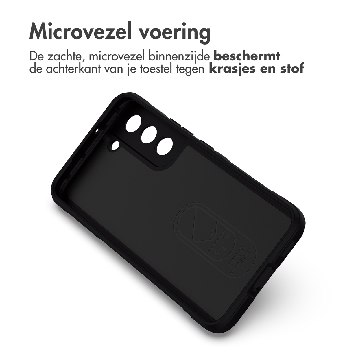 Zwart telefoonhoesje interieur. Microvezel voering met een valbeschermingslogo is zichtbaar.