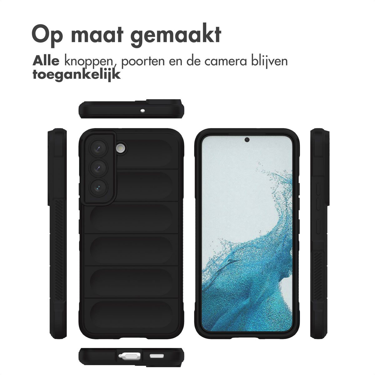 Zwarte telefoonhoes met een telefoon erin, alle hoeken van de hoes tonend.