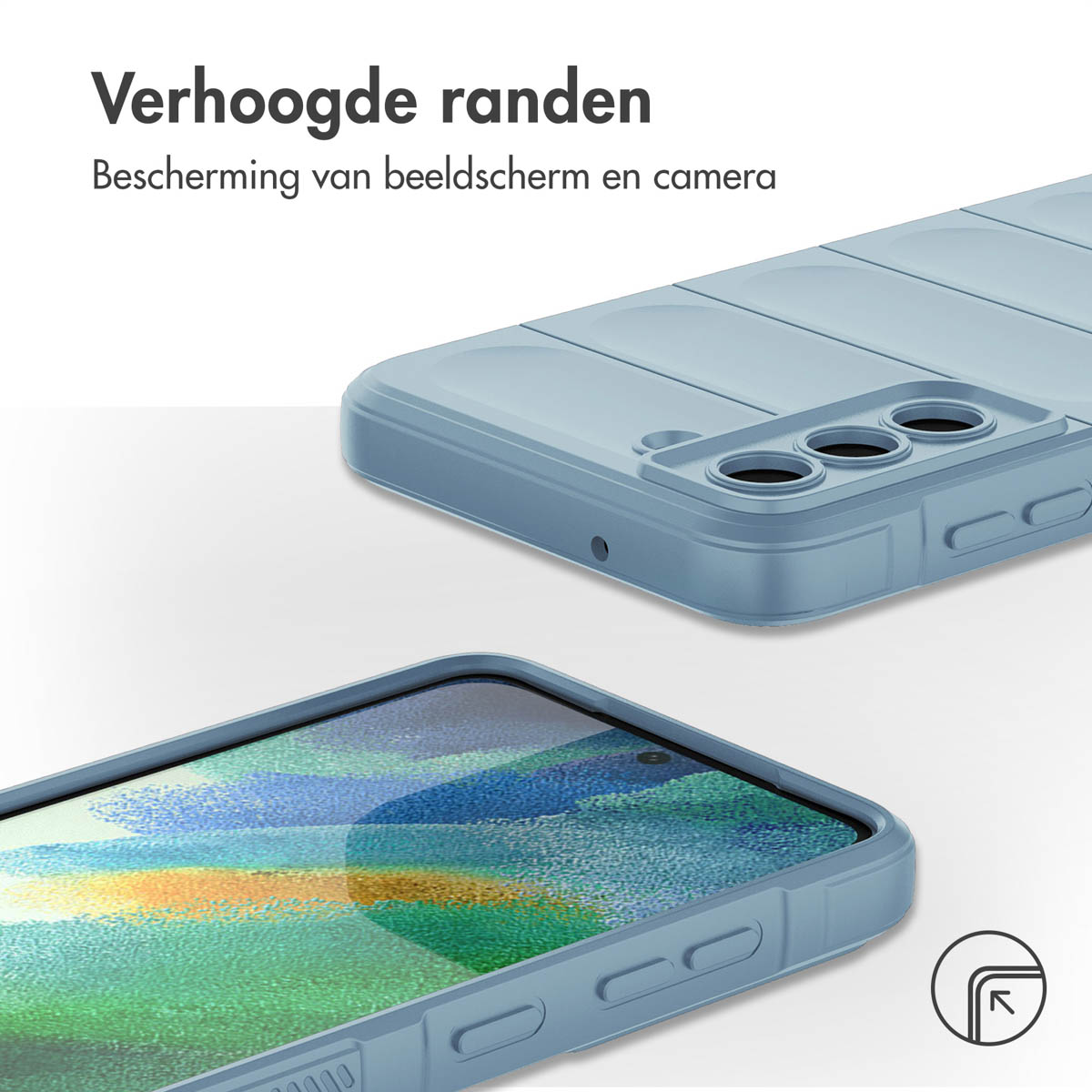 Een lichtblauwe telefoonhoes en een telefoon. De hoes heeft verhoogde randen en een gestructureerd ontwerp.