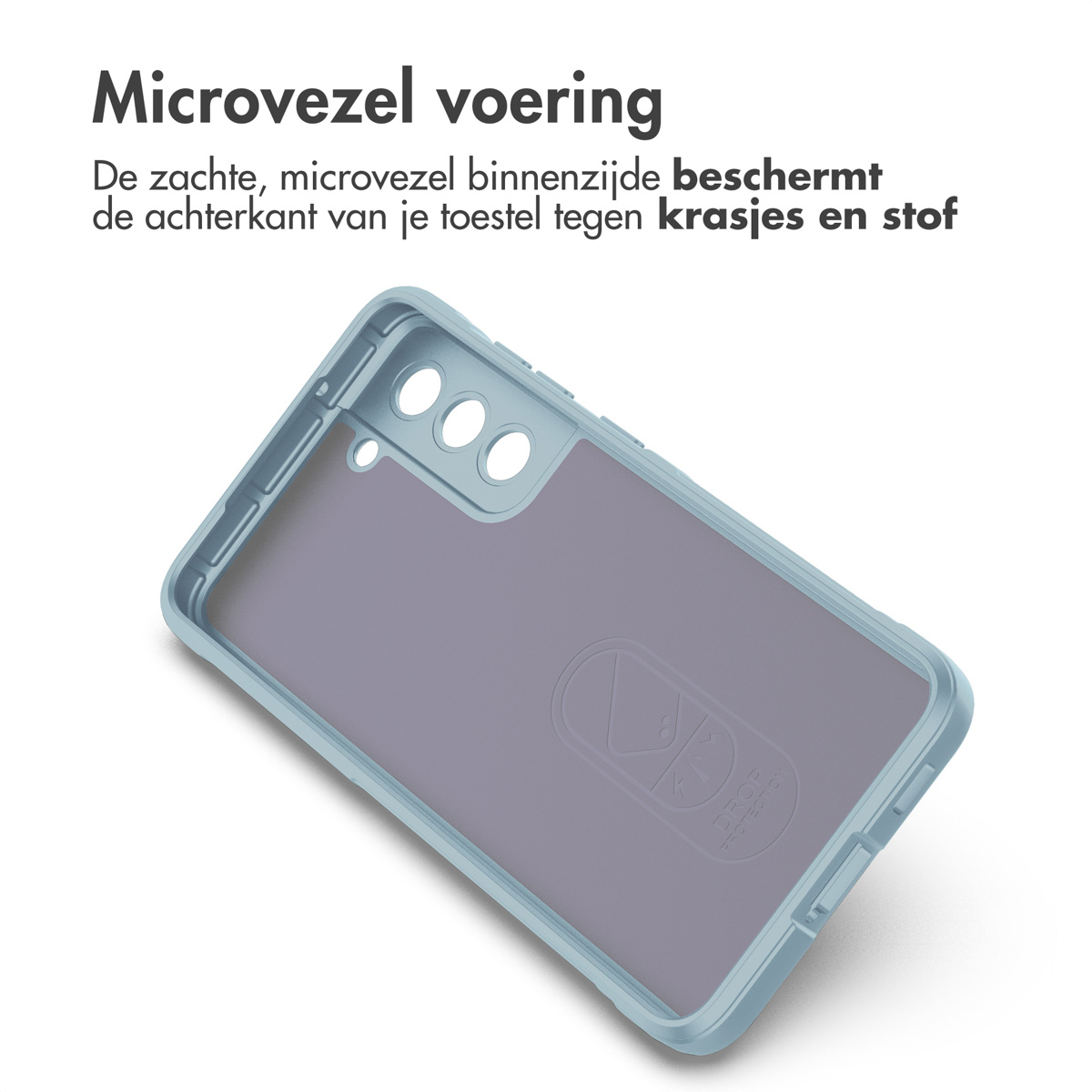 Blauw telefoonhoesje met grijze binnenkant. Tekst: 'Microvezel voering'. De hoes beschermt tegen krassen en stof.