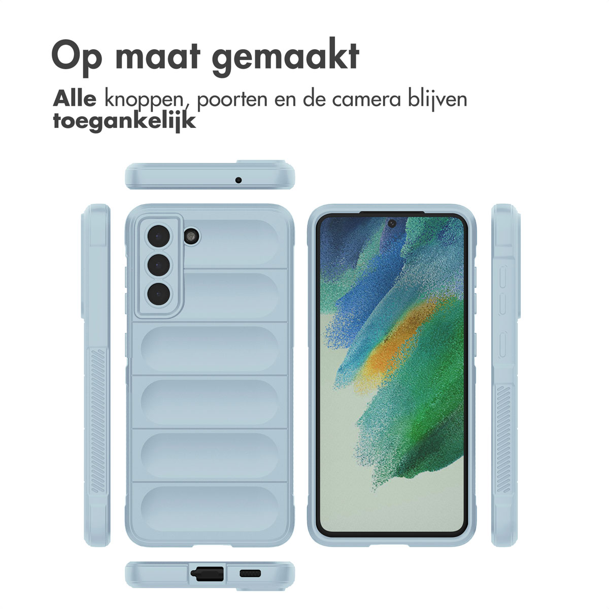 Lichtblauwe telefoonhoes op witte achtergrond in verschillende aanzichten.