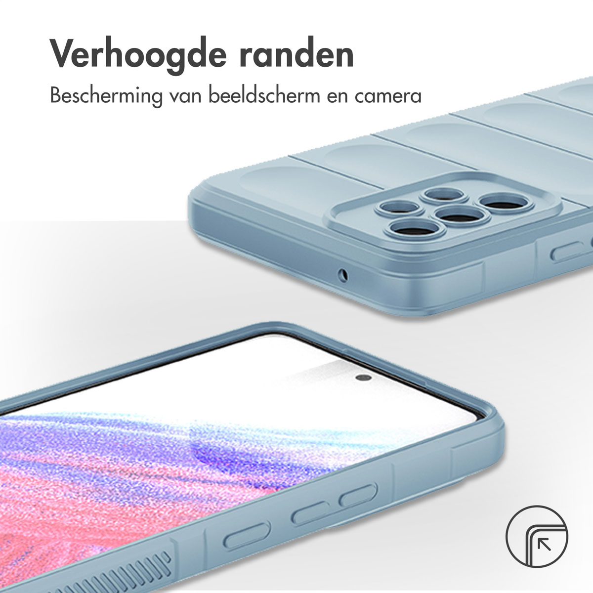 Coque de téléphone bleu clair avec des bords surélevés, protégeant l'écran et la caméra. Deux coques sont présentées.