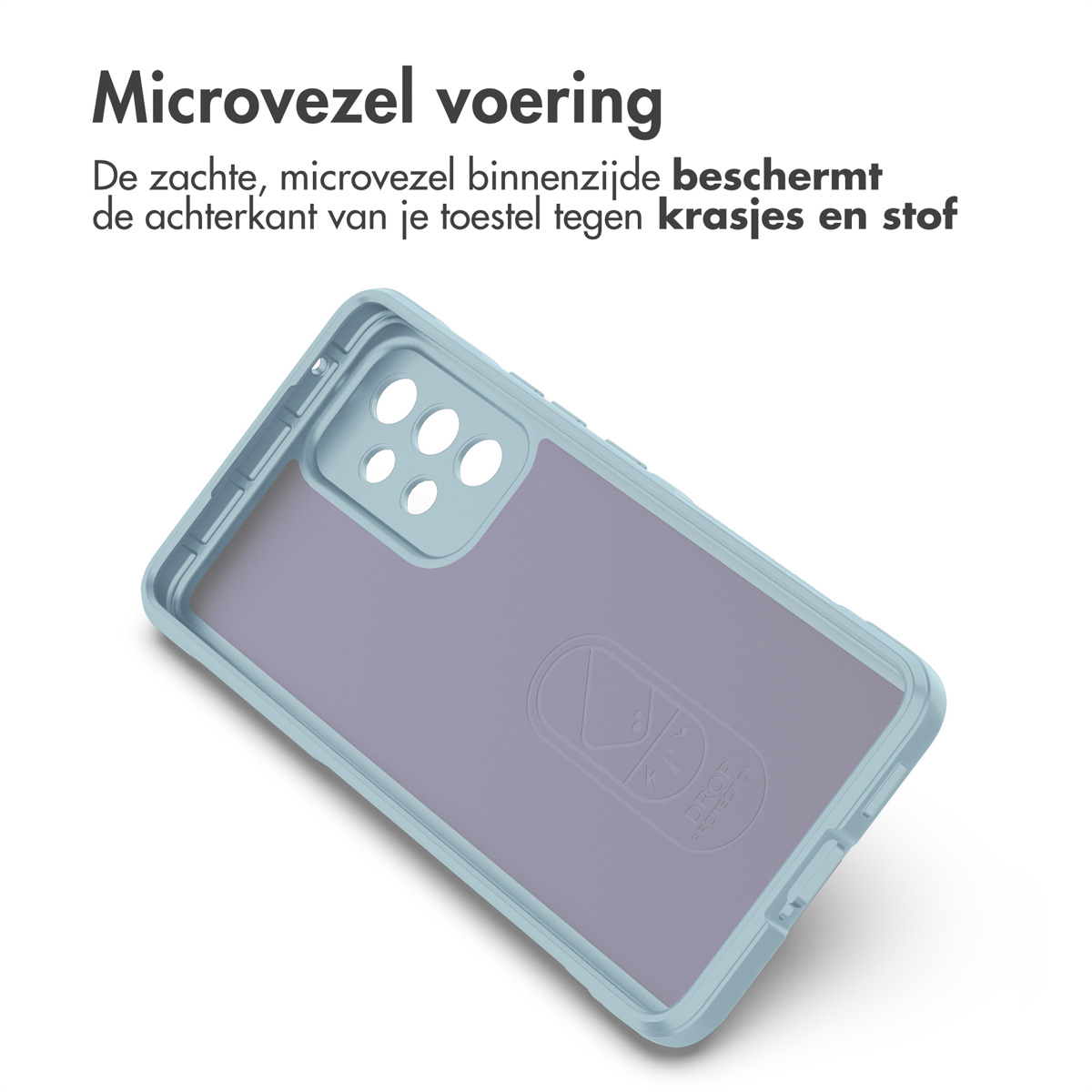 Téléphone dans un étui bleu. L'intérieur est une doublure douce, bleu clair. Texte : 'Microvezel voering'.