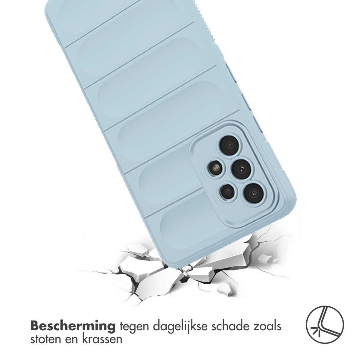 Une coque de téléphone bleu clair tombe et frappe le sol, le brisant.