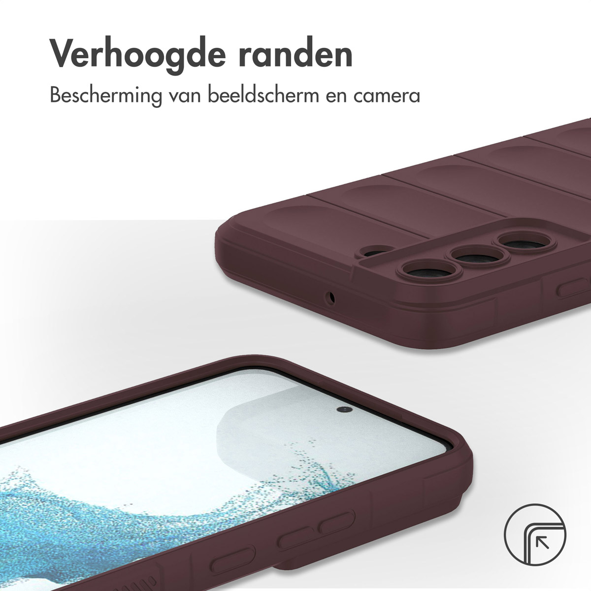 Een bordeauxrode telefoonhoes met een telefoon erin. De hoes heeft verhoogde randen. Het scherm is zichtbaar.