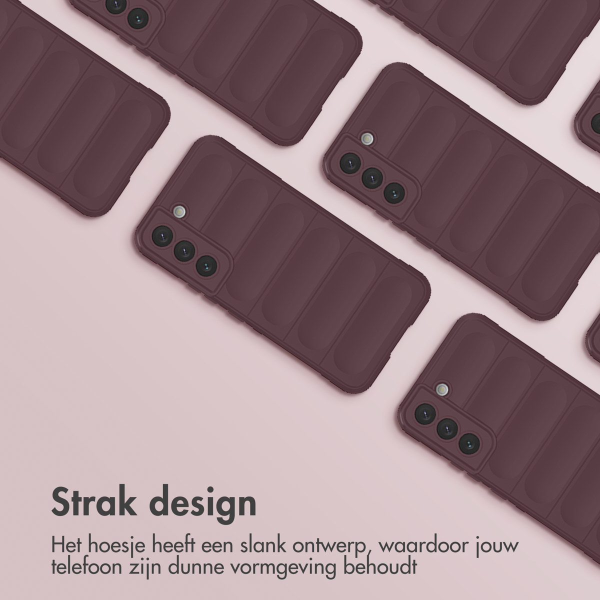 Meerdere bordeauxrode telefoonhoesjes gerangschikt op een roze ondergrond. Hoesjes hebben een strak ontwerp.