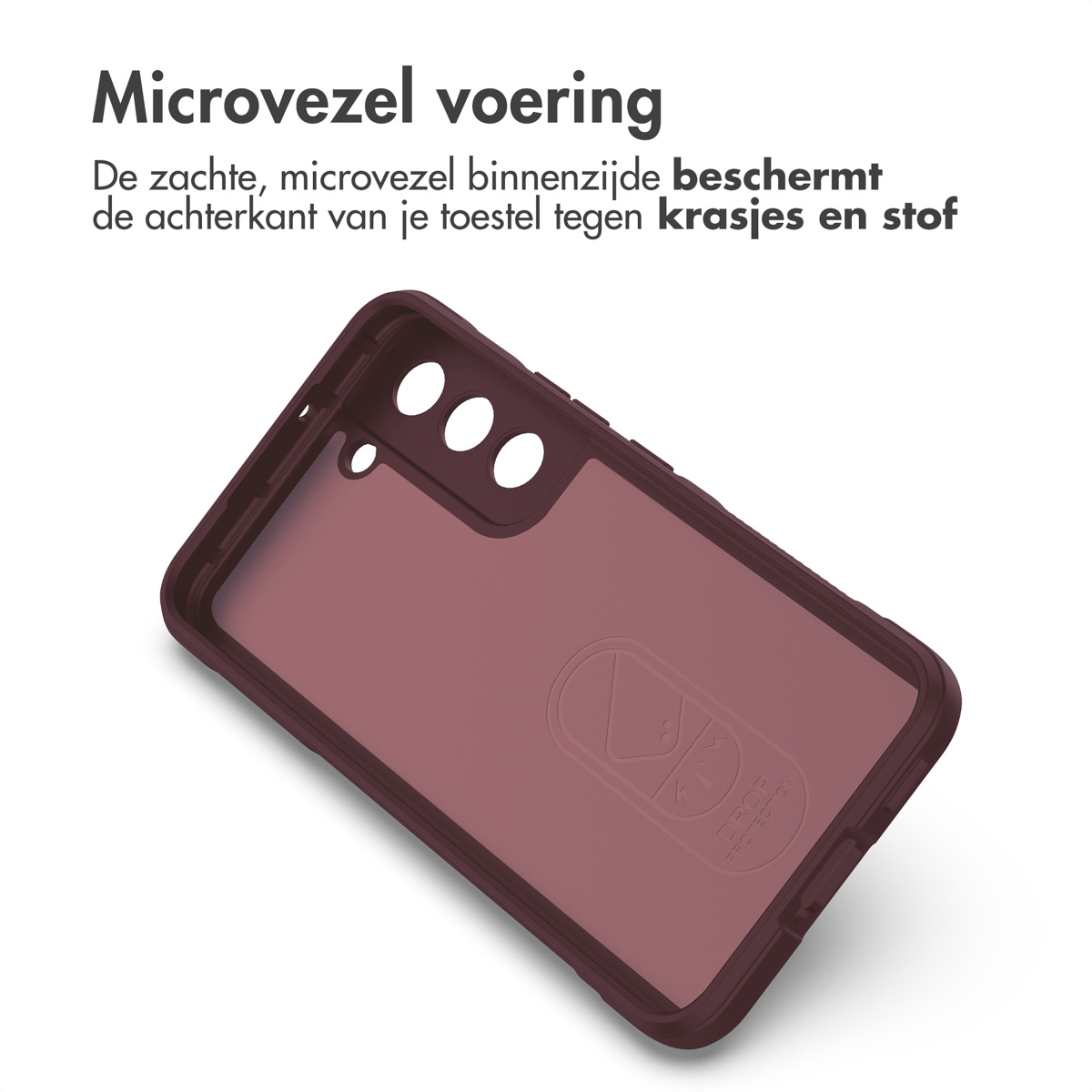 Bordeauxrood telefoonhoesje interieur. Microvezel voering met een valbeschermingslogo is zichtbaar.