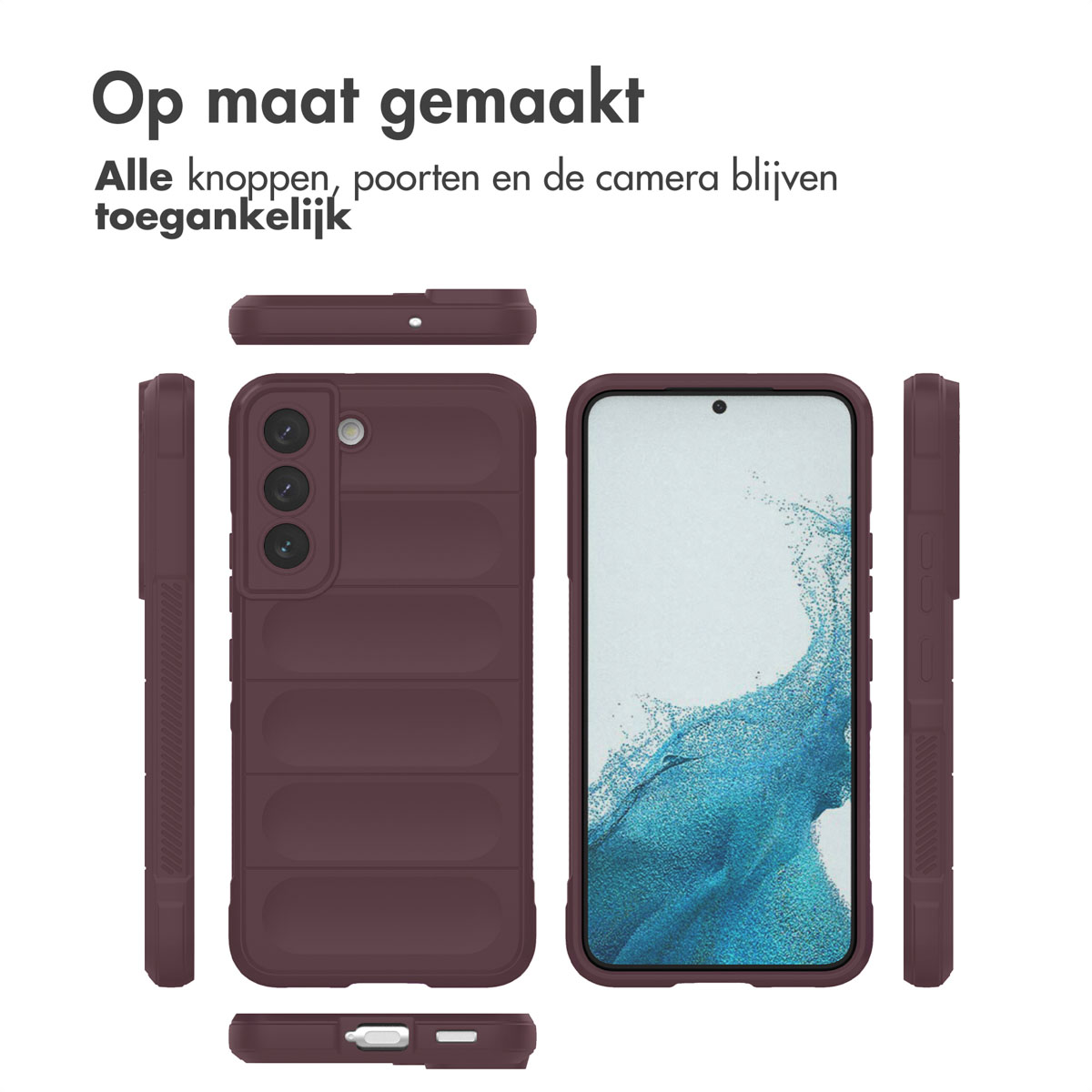 Bordeaux telefoonhoesje met zwarte telefoon. Toont de hoes vanuit meerdere hoeken.