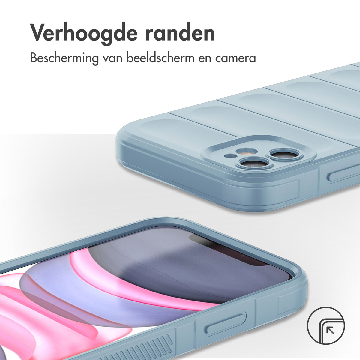 Une coque de téléphone bleu clair avec un téléphone à l'intérieur. La coque a des bords surélevés. L'écran est visible.