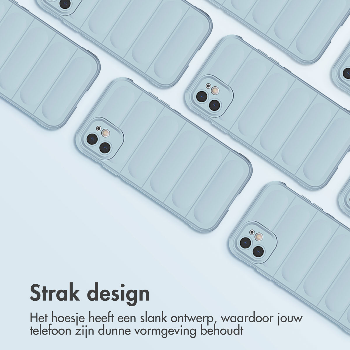 Un groupe de coques de téléphone bleues au design élégant. Elles sont disposées sur un fond bleu clair.