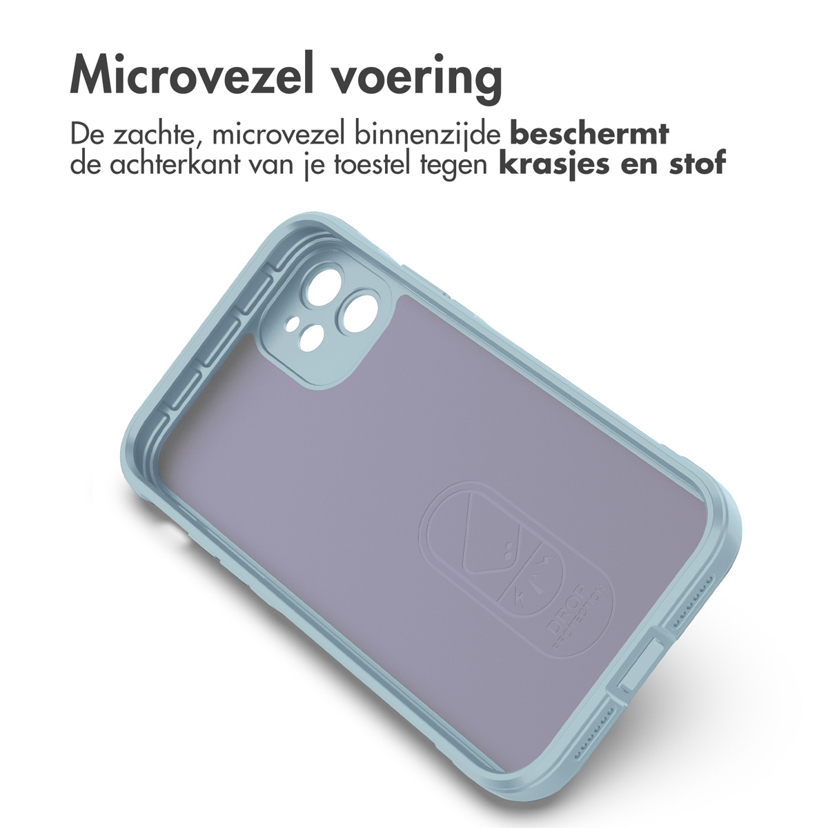Vue intérieure de la coque du téléphone. La coque est bleu clair, montrant la doublure douce et l'arrière du téléphone.