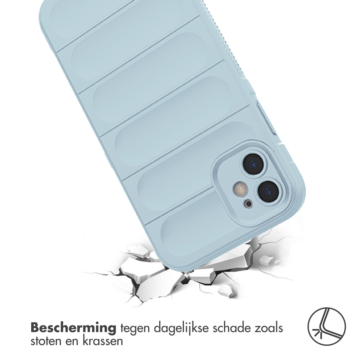 Coque de téléphone bleu clair au sol. Le téléphone est incliné, semblant tomber.