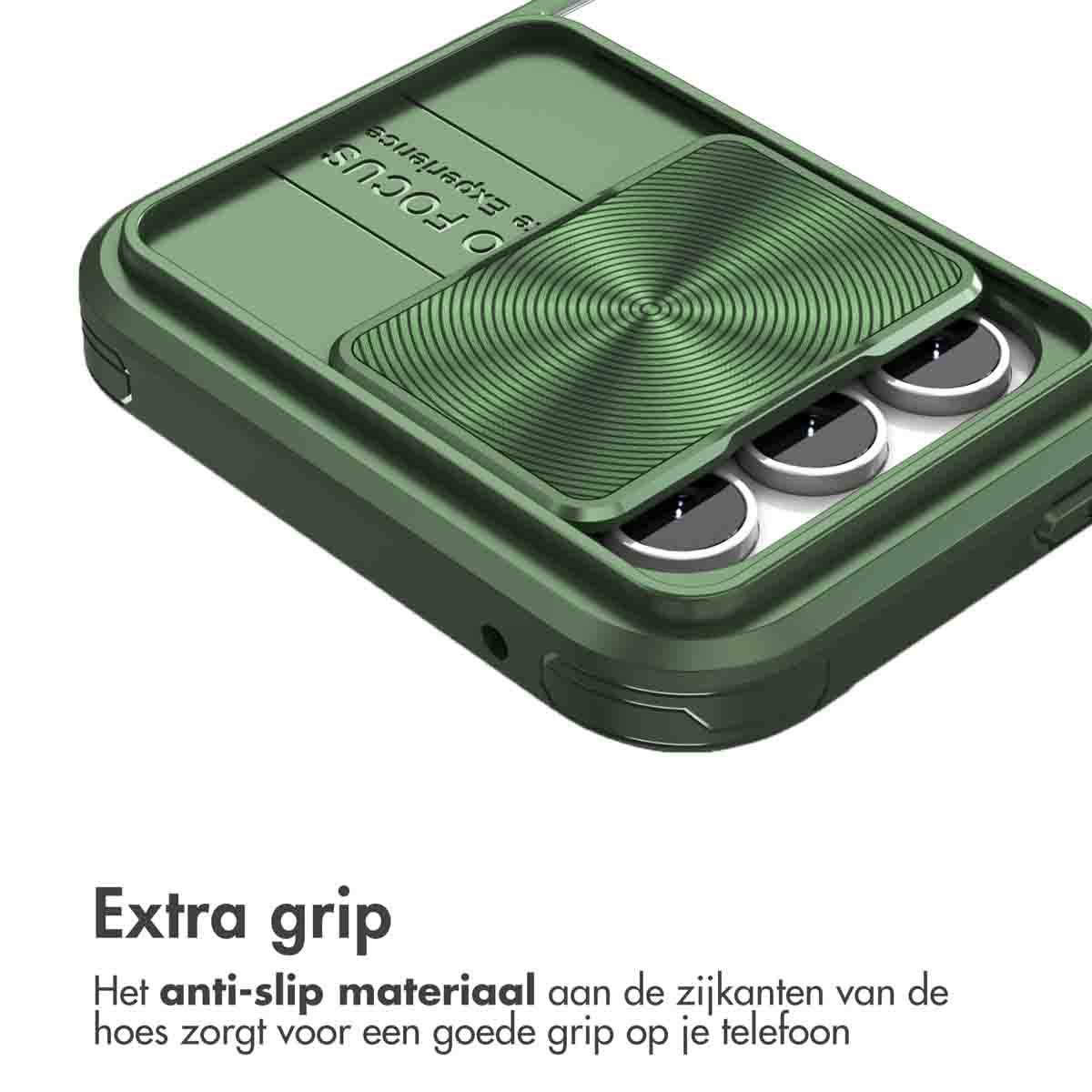 Groene telefoonhoes met een cameraluik. Tekst: 'Antislipmateriaal' en 'extra grip'. Het deksel is open.