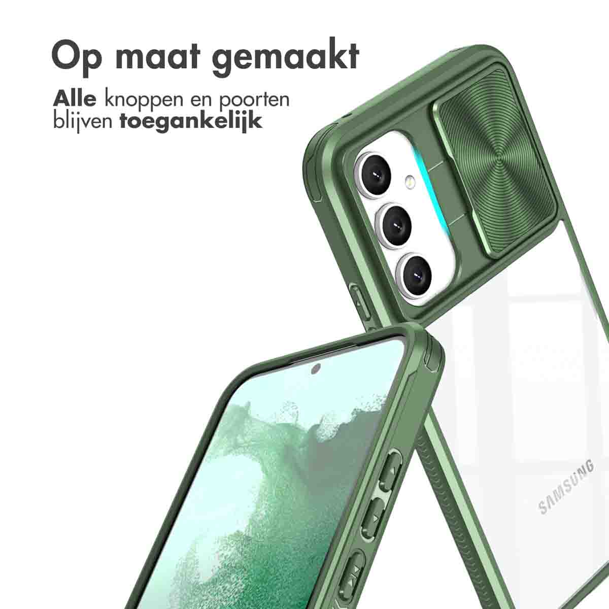Twee groene telefoonhoesjes, één met een telefoon erin, op een witte ondergrond.