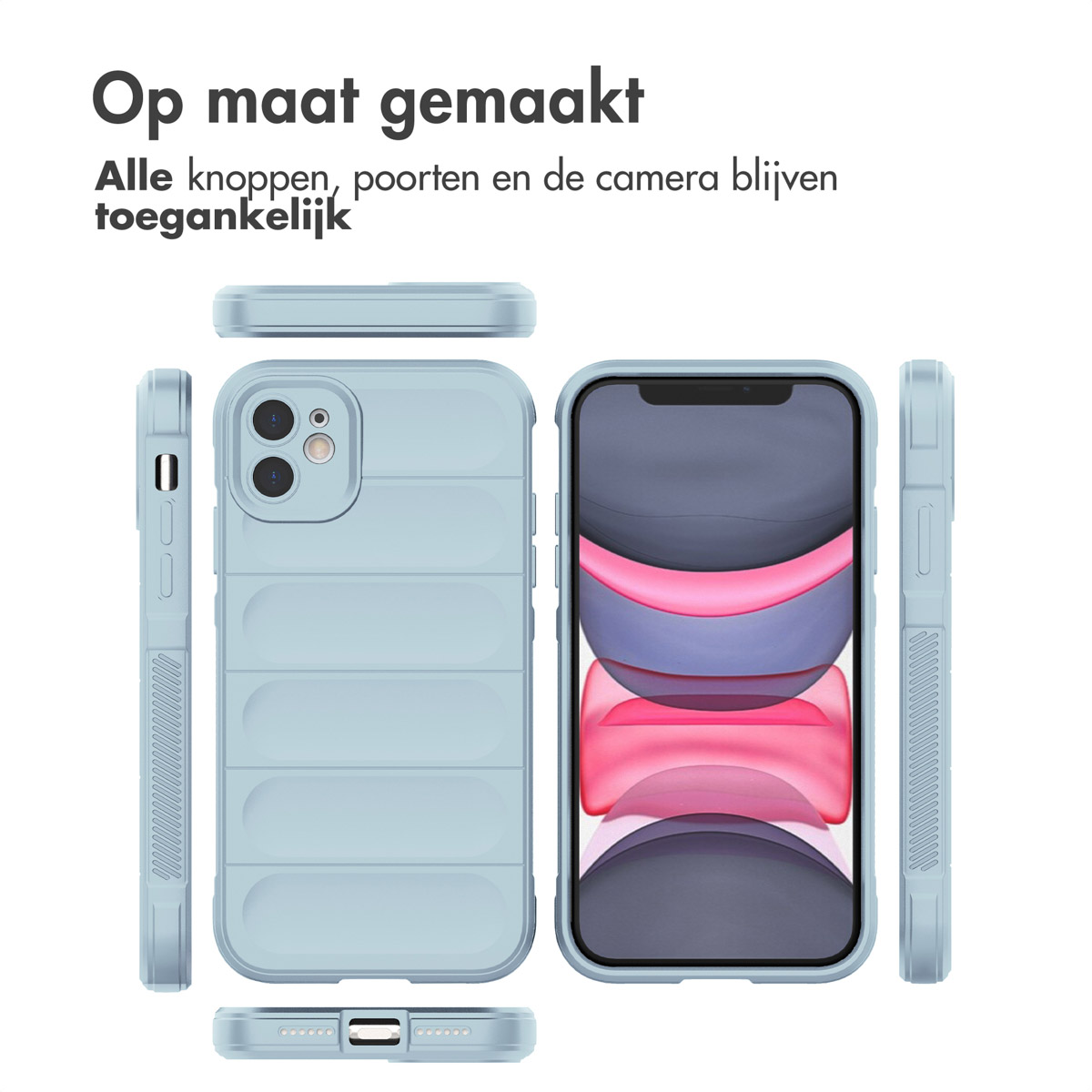 Coque de téléphone bleu clair. La coque est montrée sous plusieurs angles. Texte : 'Fabriqué sur mesure'.