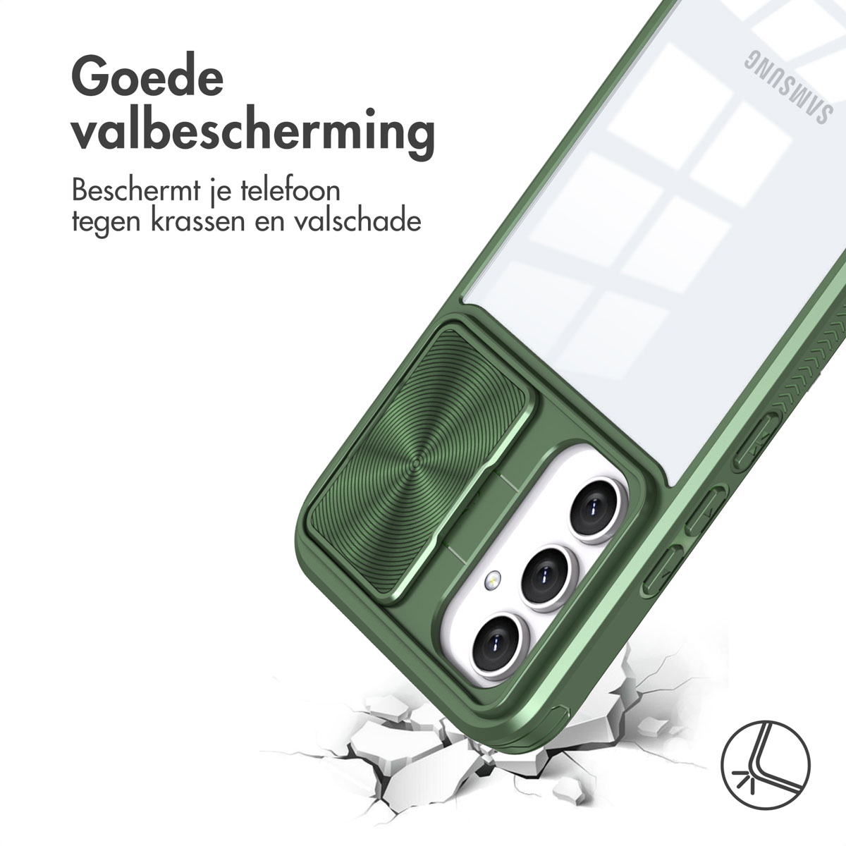 Telefoonhoesje met schuifbare cameralens. De hoes is groen, met de camera van de telefoon zichtbaar.