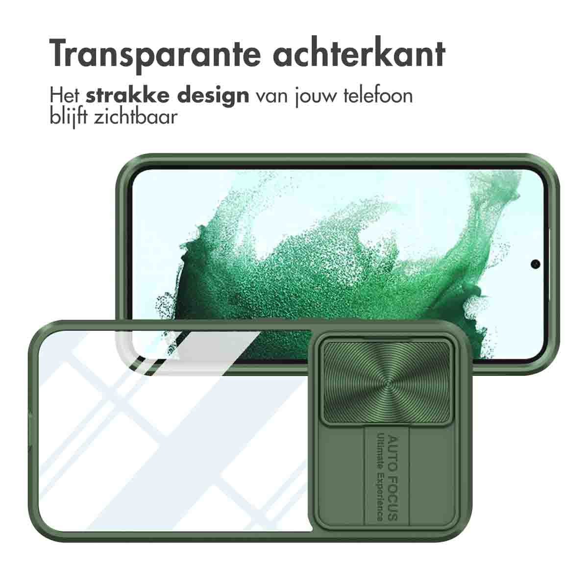 Groene telefoonhoes met een transparante achterkant, die de telefoon en een cameraschuif laat zien.