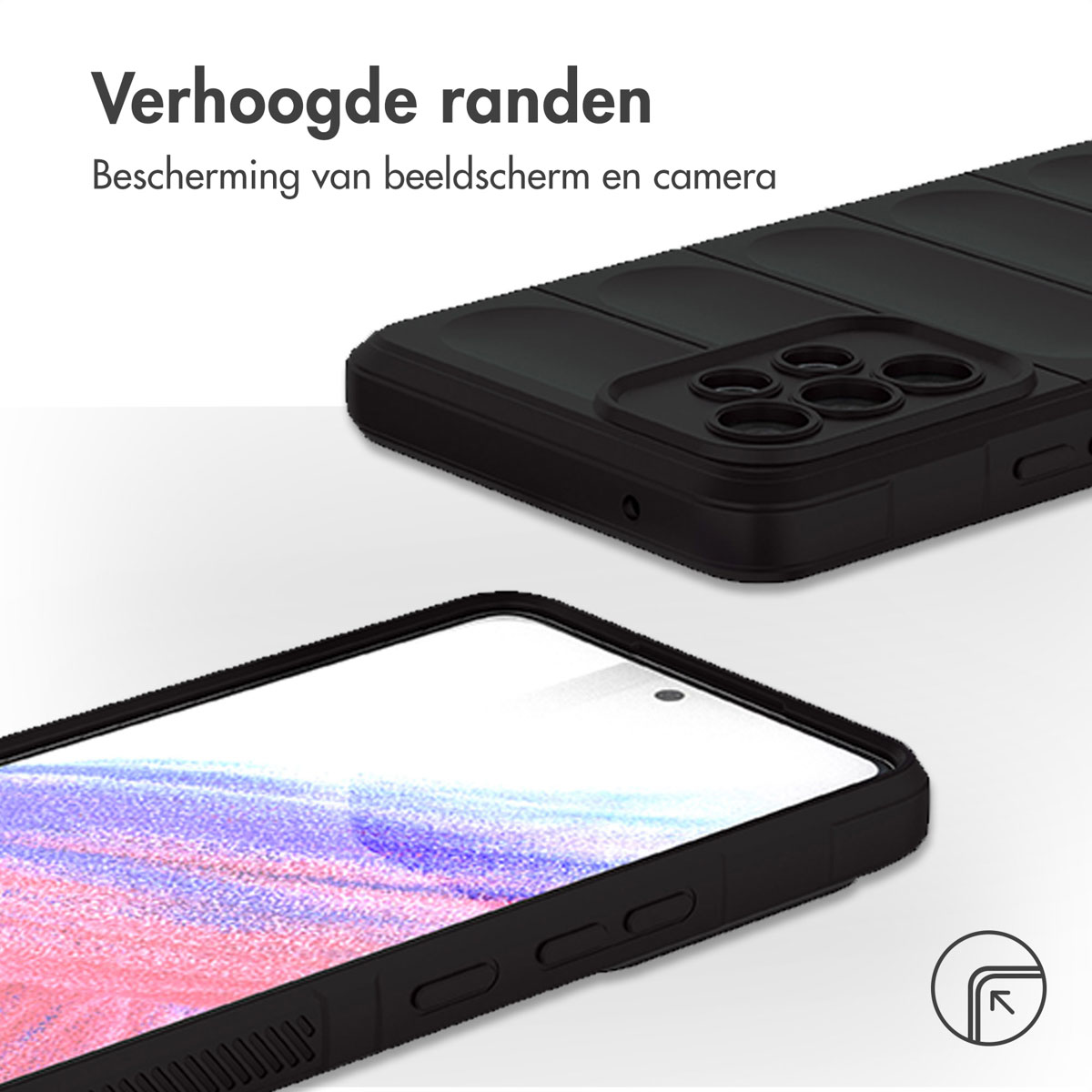 Gros plan sur un étui de téléphone noir protégeant la caméra arrière. L'étui a des bords surélevés.