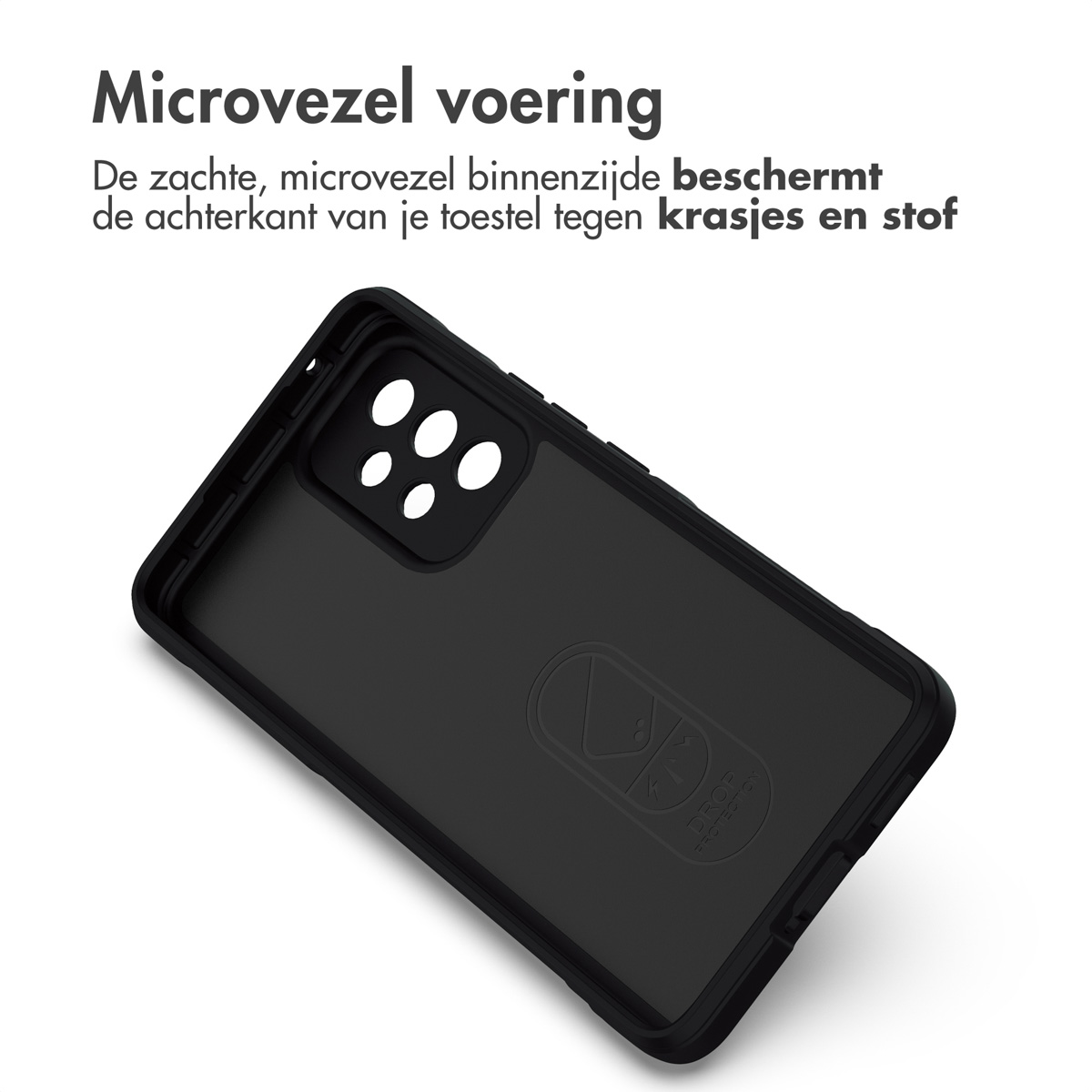 Coque de téléphone noire, vue de l'intérieur. Le texte dit 'Doublure en microfibre' et décrit la protection.