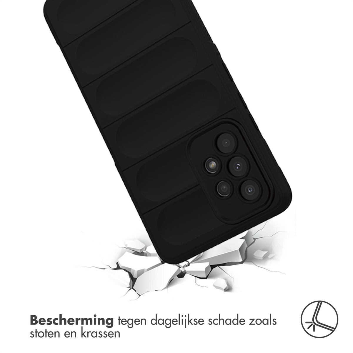 Coque de téléphone noire. Montre l'arrière de la coque et l'écran du téléphone.