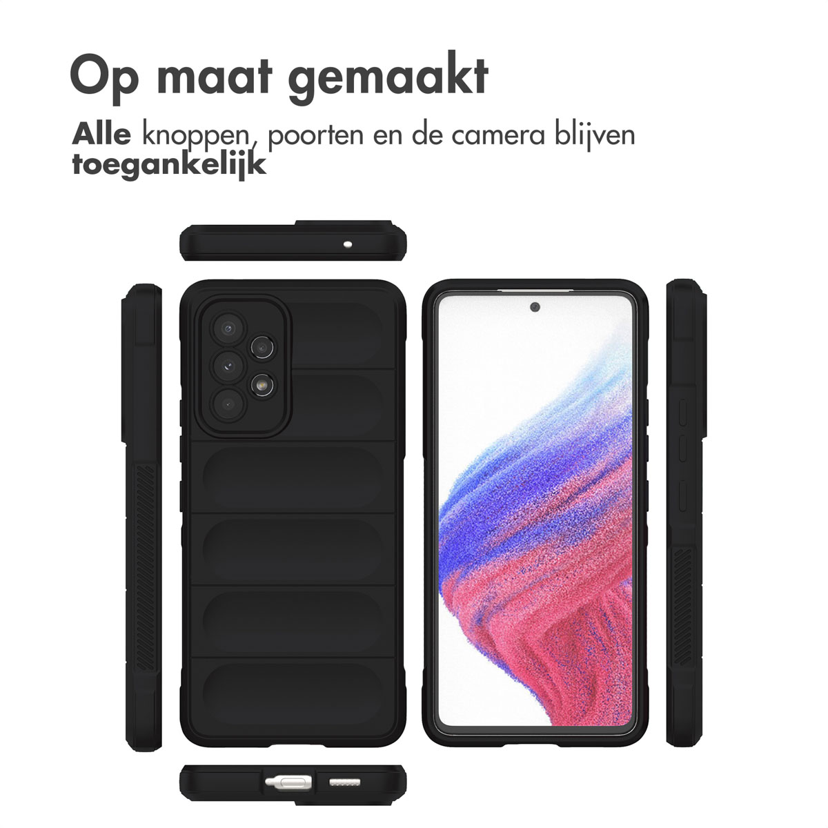 Une coque de téléphone noire sur fond blanc sous différents angles.